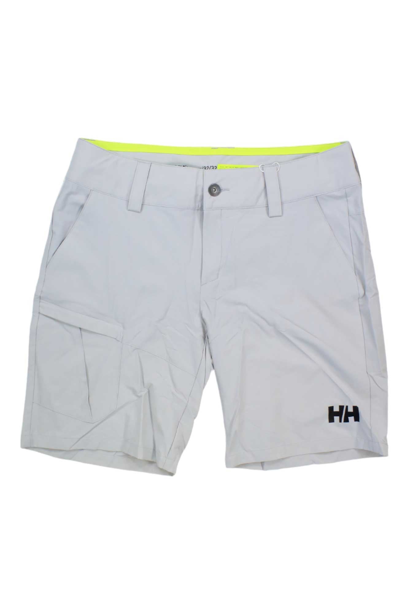 Helly Hansen Womens QD Cargo Shorts in light gray feature belt loops, a side pocket, black HH logo on the front lower right leg, and a quick-dry design with a waistband lined in neon yellow.