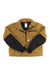 The Topo Designs Womens Mountain Fleece Pullover—made from recycled polyester—features a tan color, quarter zipper, chest pocket with red zipper, and black sleeve patches; shown laid flat on a white background.
