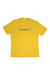 The Norrona Mens /29 Cotton Norrona Viking T-Shirt is a yellow short-sleeve tee featuring "NORRØNA" and a small animal logo in dark blue on the front—crafted for men, ideal for outdoor adventures.