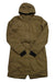 The Indyeva Womens Ravina Jacket in olive green features a hood, front zipper and snap closure, two large front pockets, black inner cuffs, and seam sealed construction. The jacket is displayed flat on a white background.
