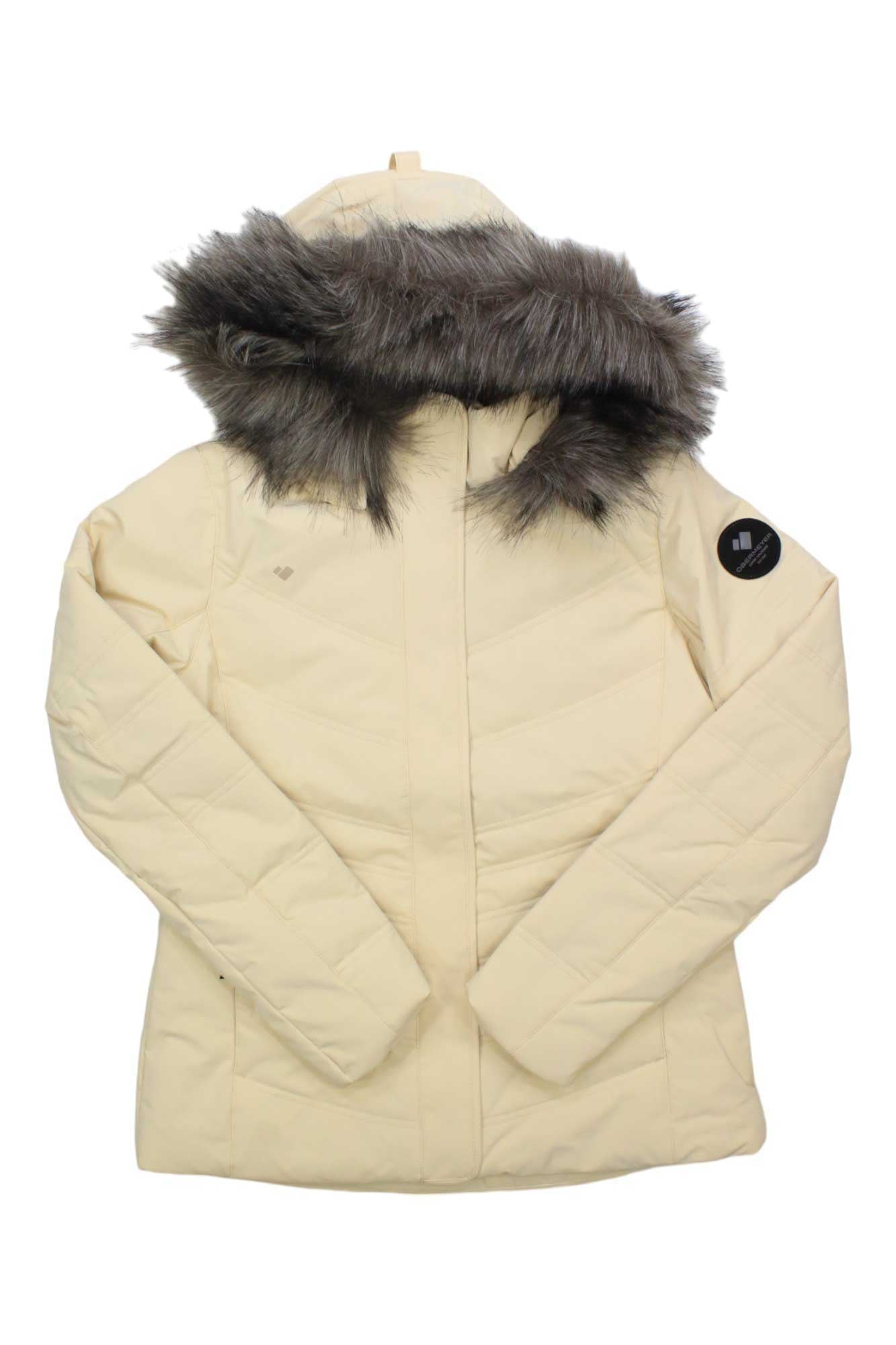 Women's insulated ski jacket, light beige with dark faux-fur hood and front zipper.