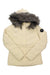 Women's insulated ski jacket, light beige with dark faux-fur hood and front zipper.