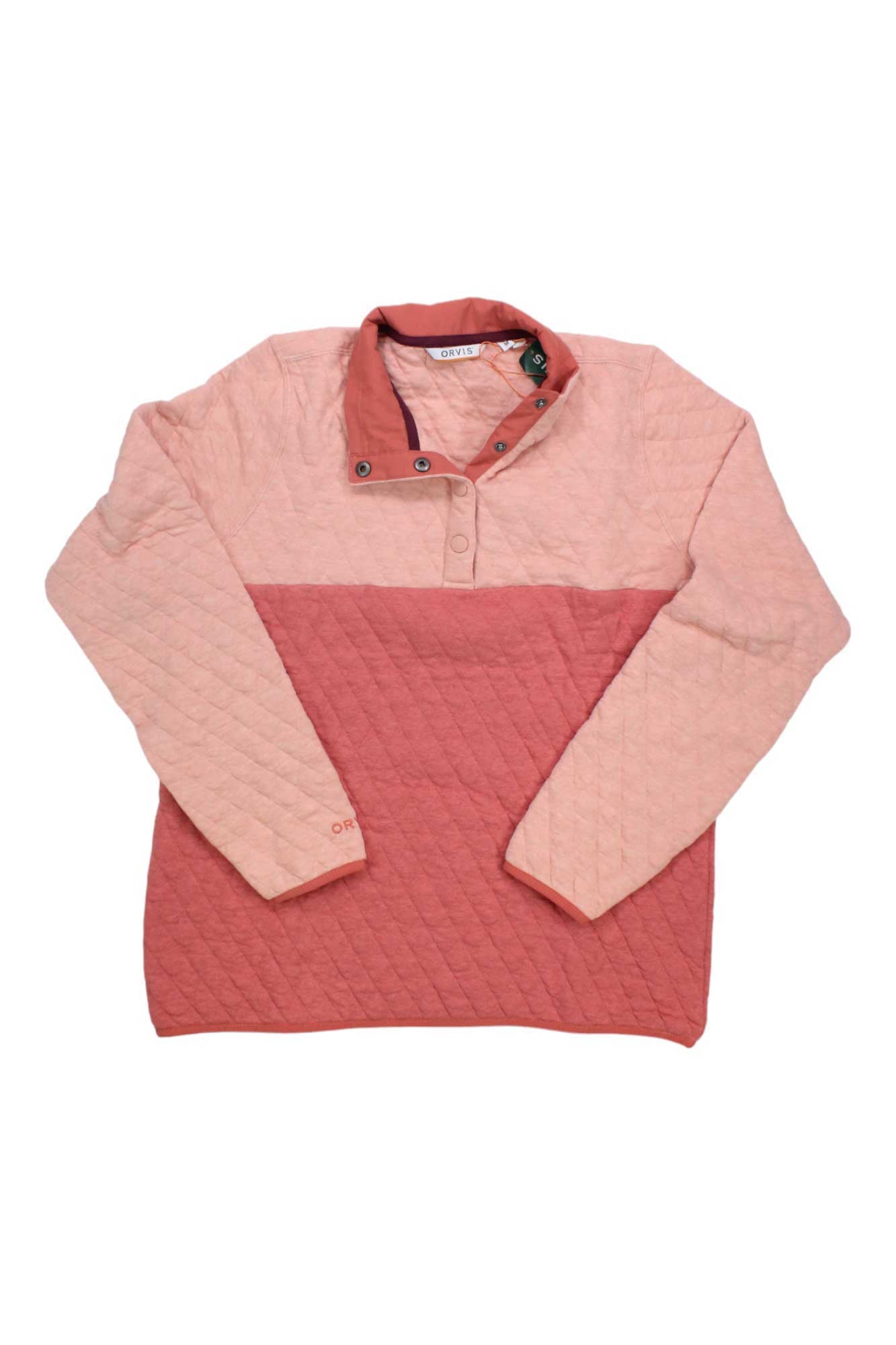 Quilted snap pullover sweatshirt in pink and red colorblock, snap placket, stand collar.