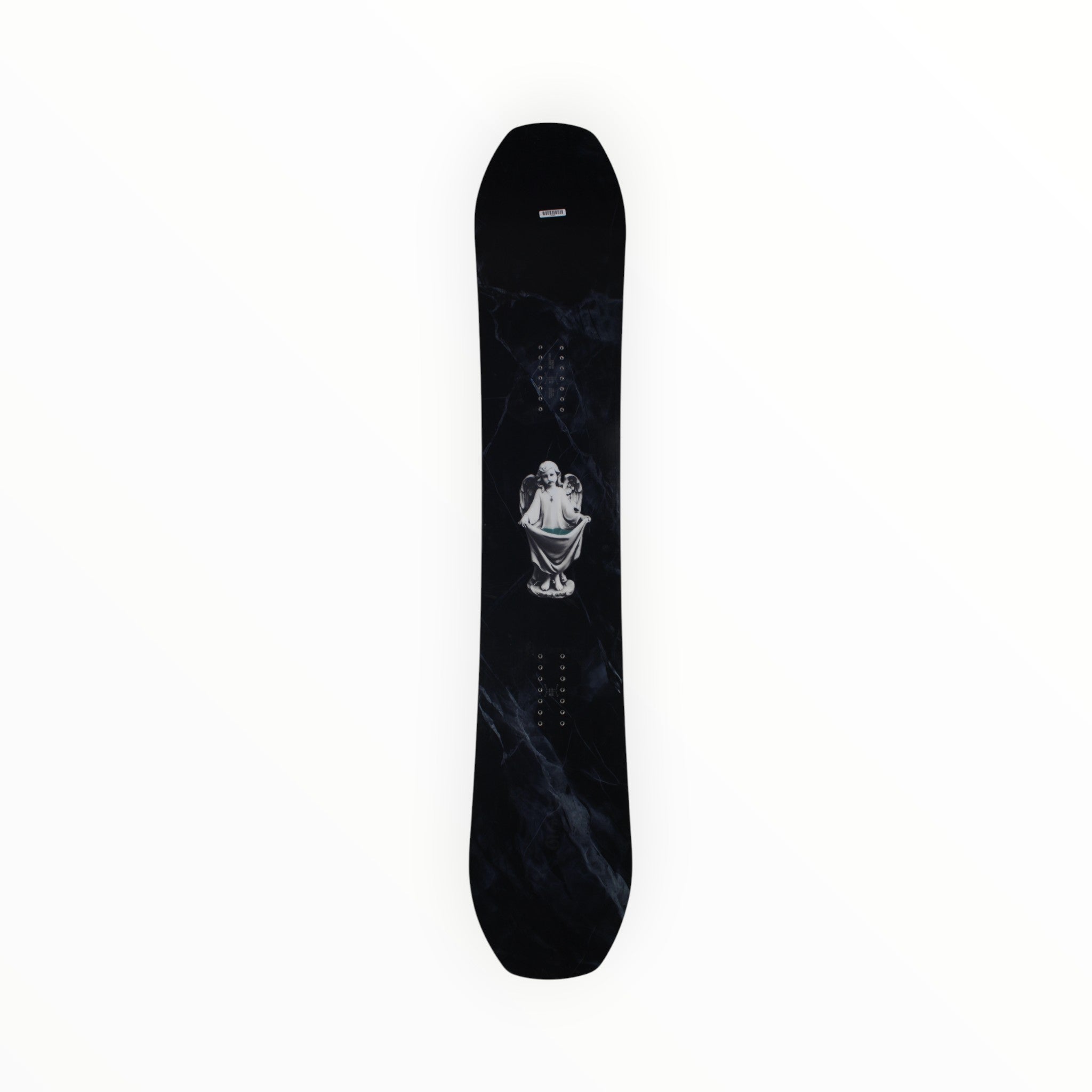 The YES Cream Halldor Snowboard 26 is a lightweight, black all-mountain board with a subtle marble pattern and two back-to-back angel statues at the center, shown against a plain white background.