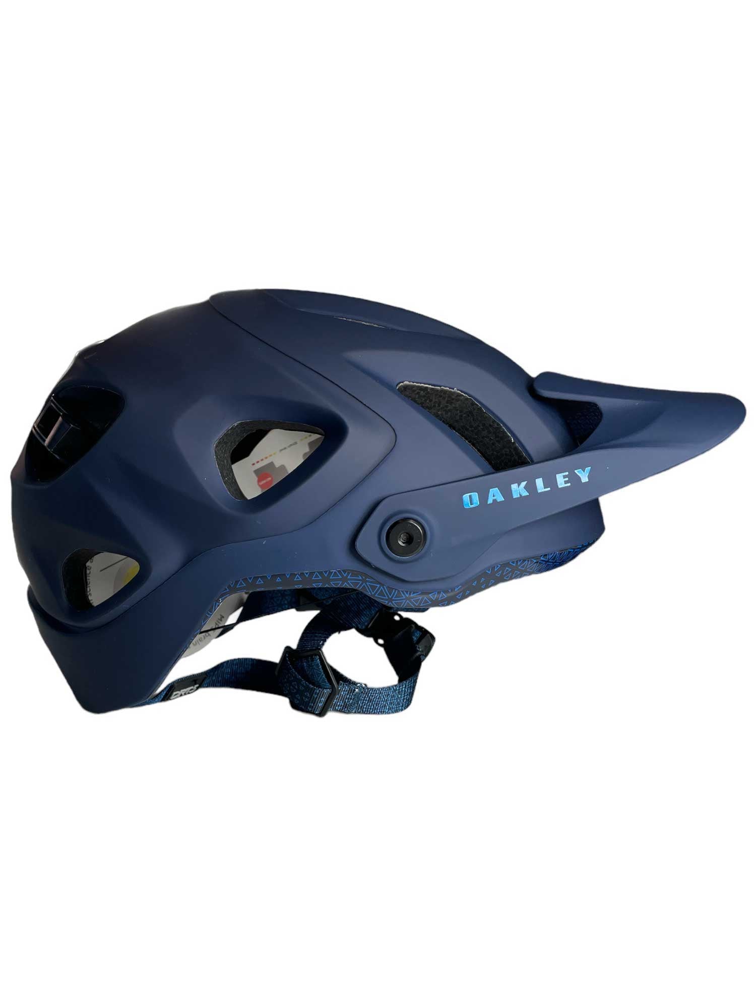 Oakley DRT5 helmet, dark navy blue shell with vent openings and blue logo