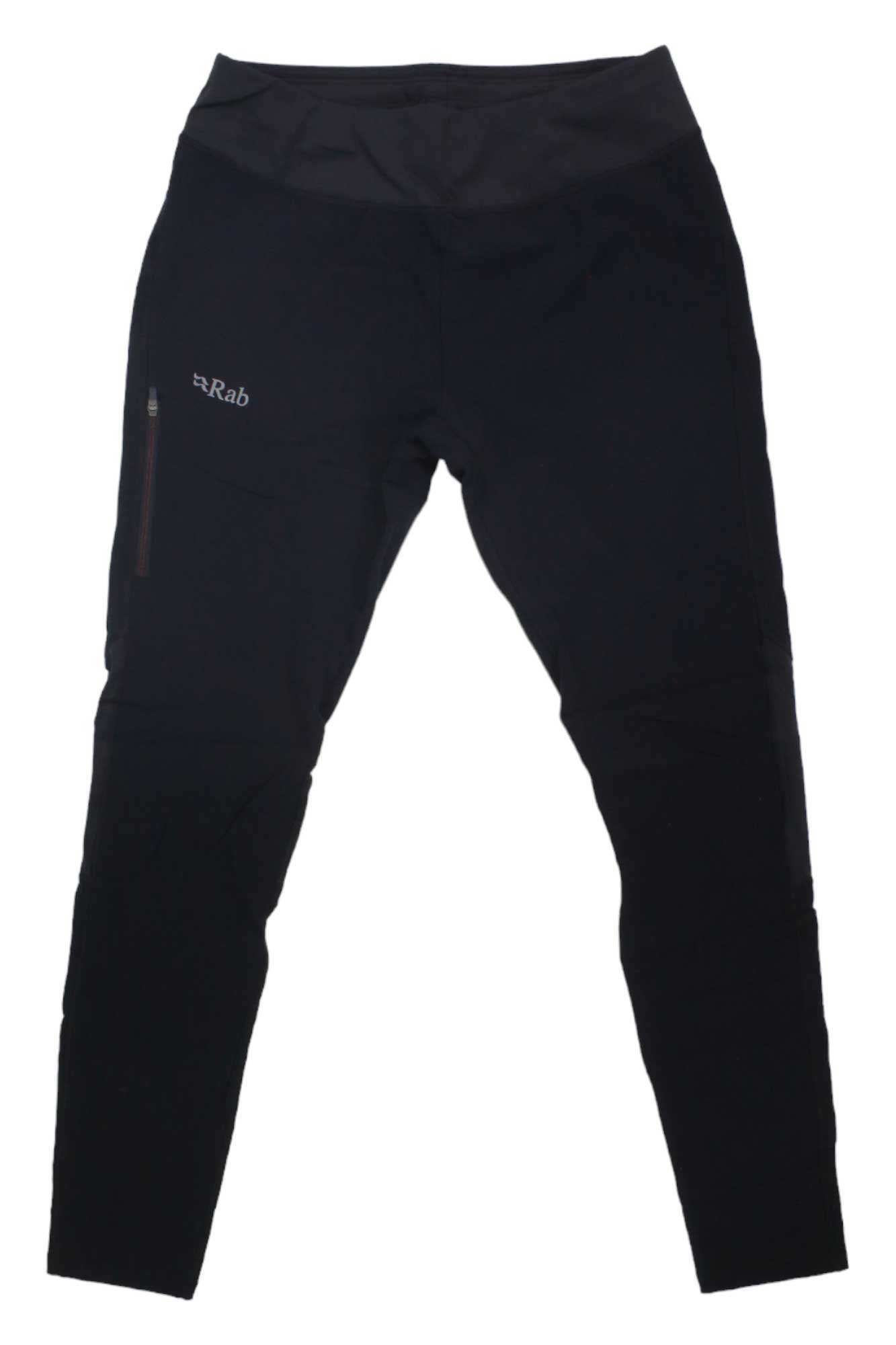 Rab Women's Rhombic Tight, black mountaineering pants with a slim fit, elastic waistband, and a zippered left thigh pocket, displayed flat on a white background.