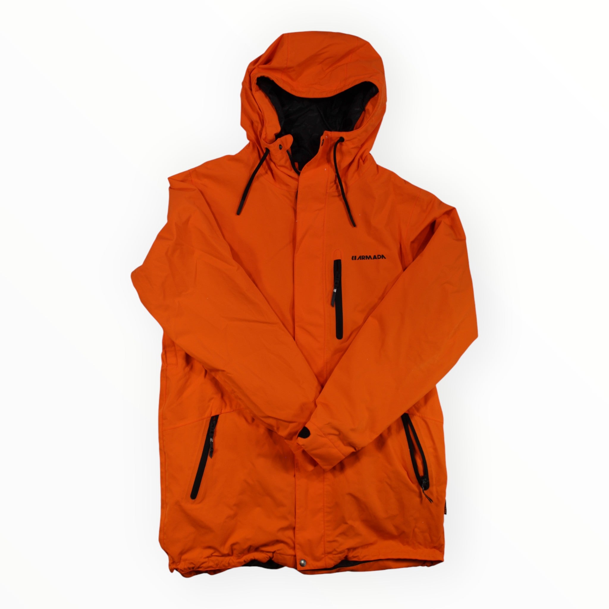 Armada Mens Grands 3L Insulated Jacket in bright orange with black zippers and adjustable drawstrings, shown on a white background. Features side pockets and a chest logo—ideal for warmth in cold weather.