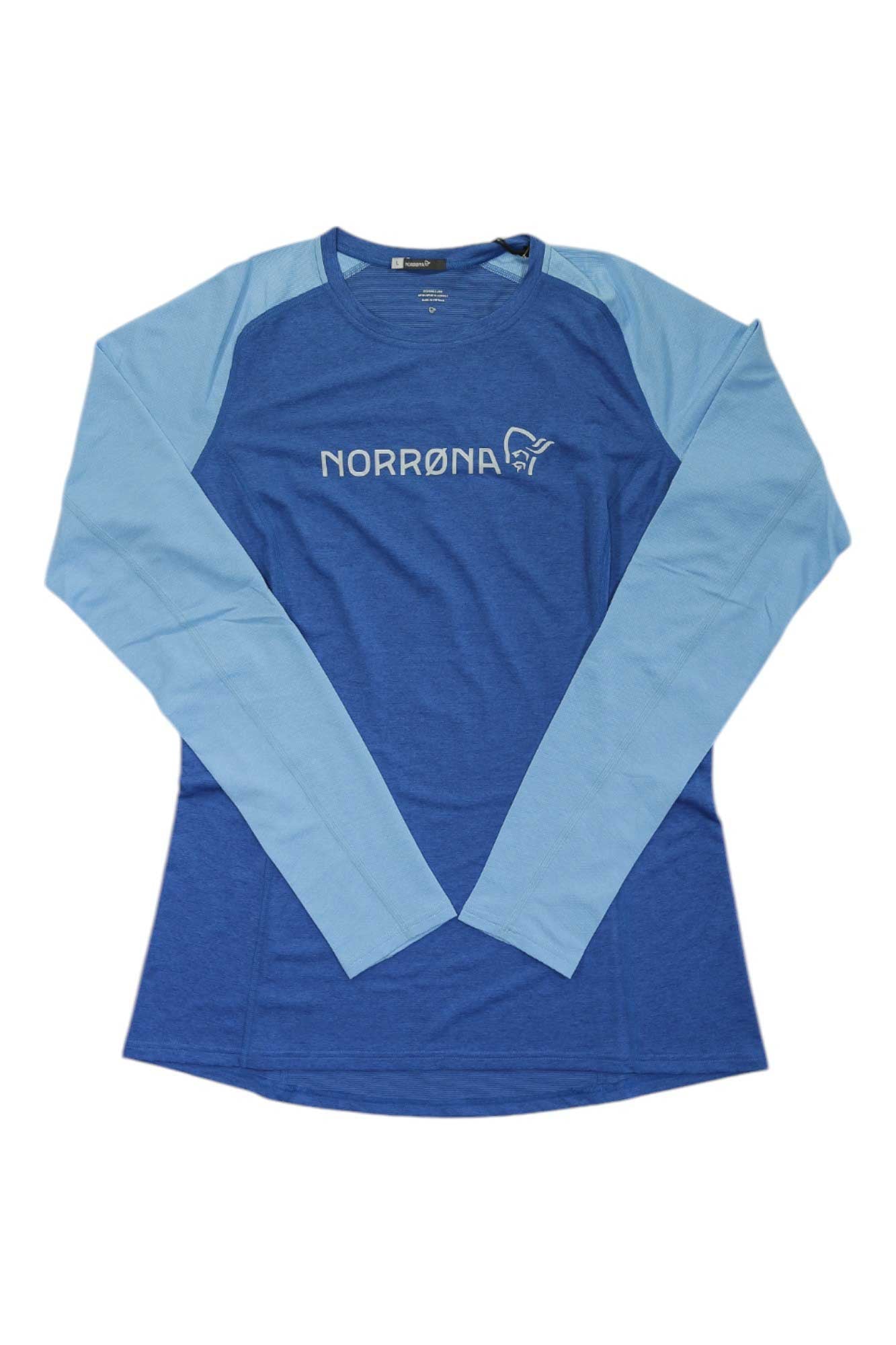 Norrona women's lightweight long-sleeve shirt in blue with light blue sleeves
