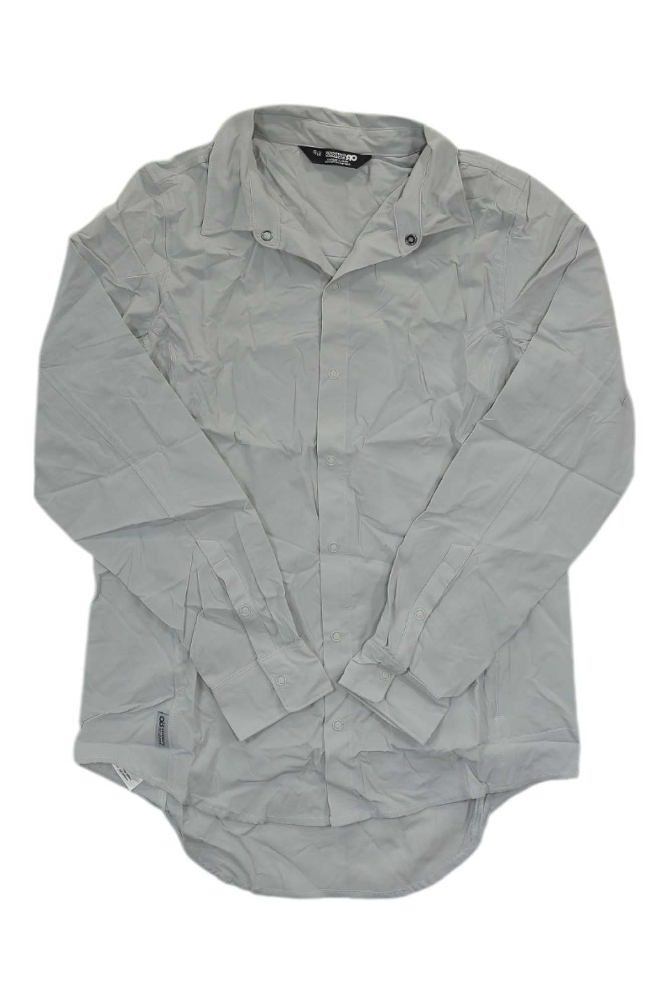 The Outdoor Research Women's Astroman LS Sun Shirt, in light gray, is shown laid flat on a white background. This collared long sleeve shirt features front buttons and provides stylish sun protection for outdoor activities.