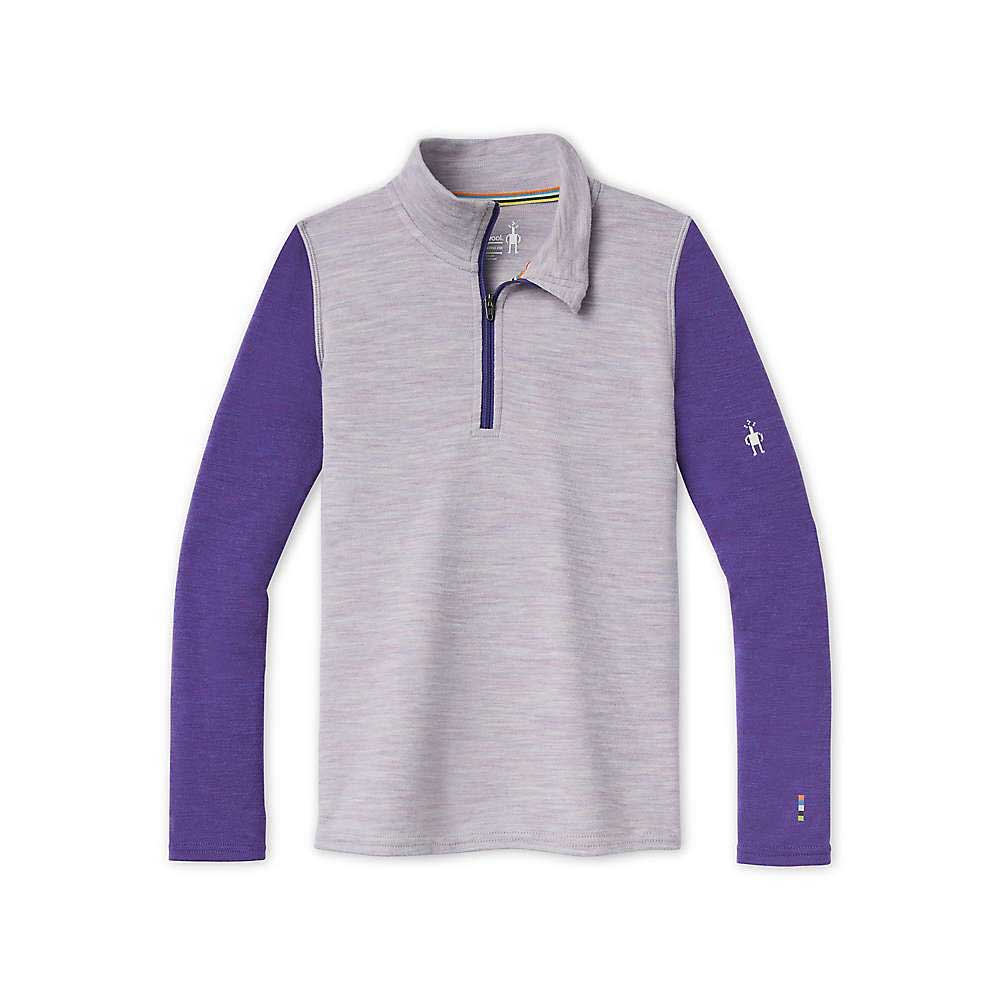 Kids 1/4-zip thermal top with gray heather body and purple long sleeves