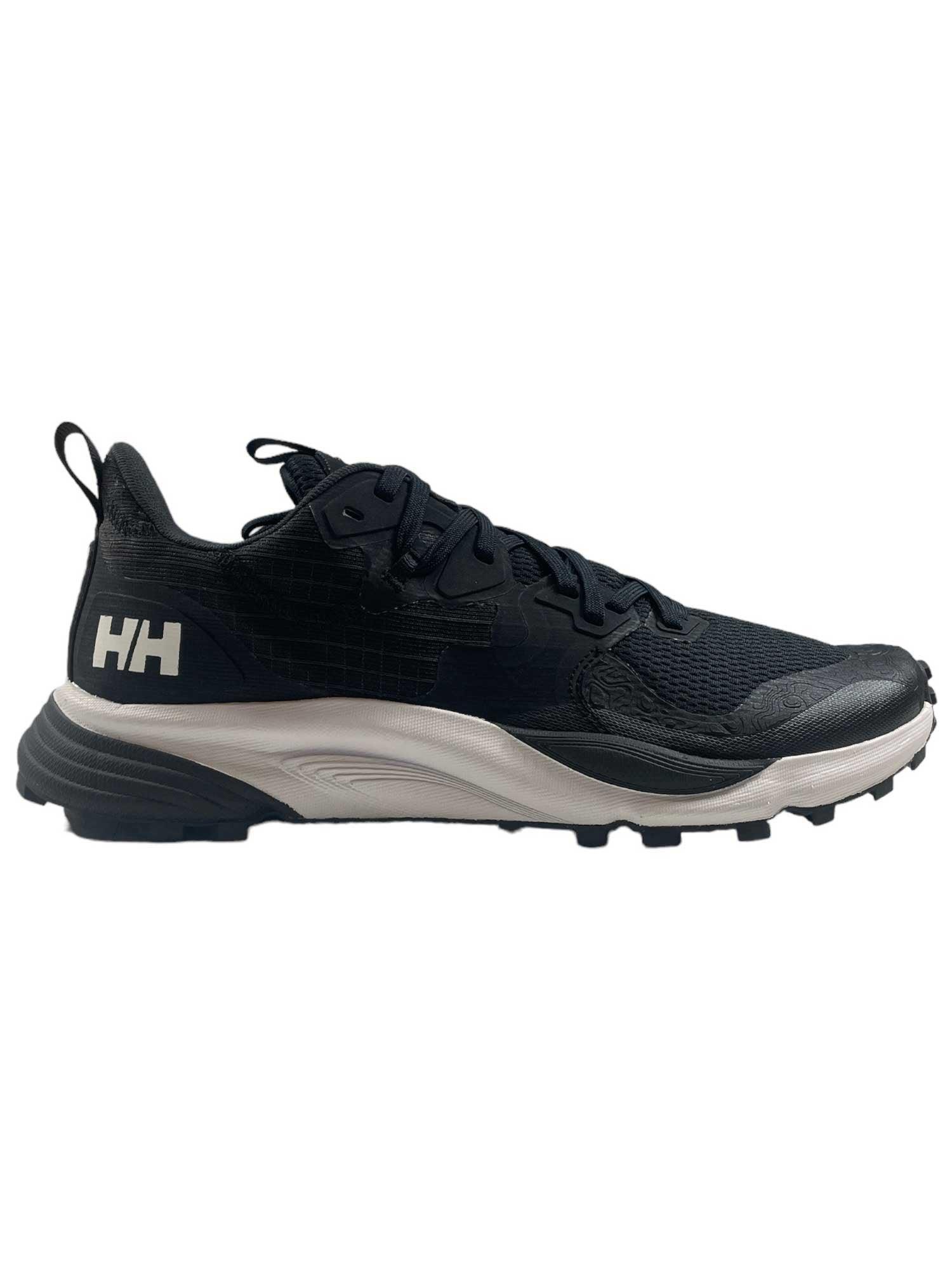 Men's lace-up running shoe with dark upper, off-white midsole, and tread sole