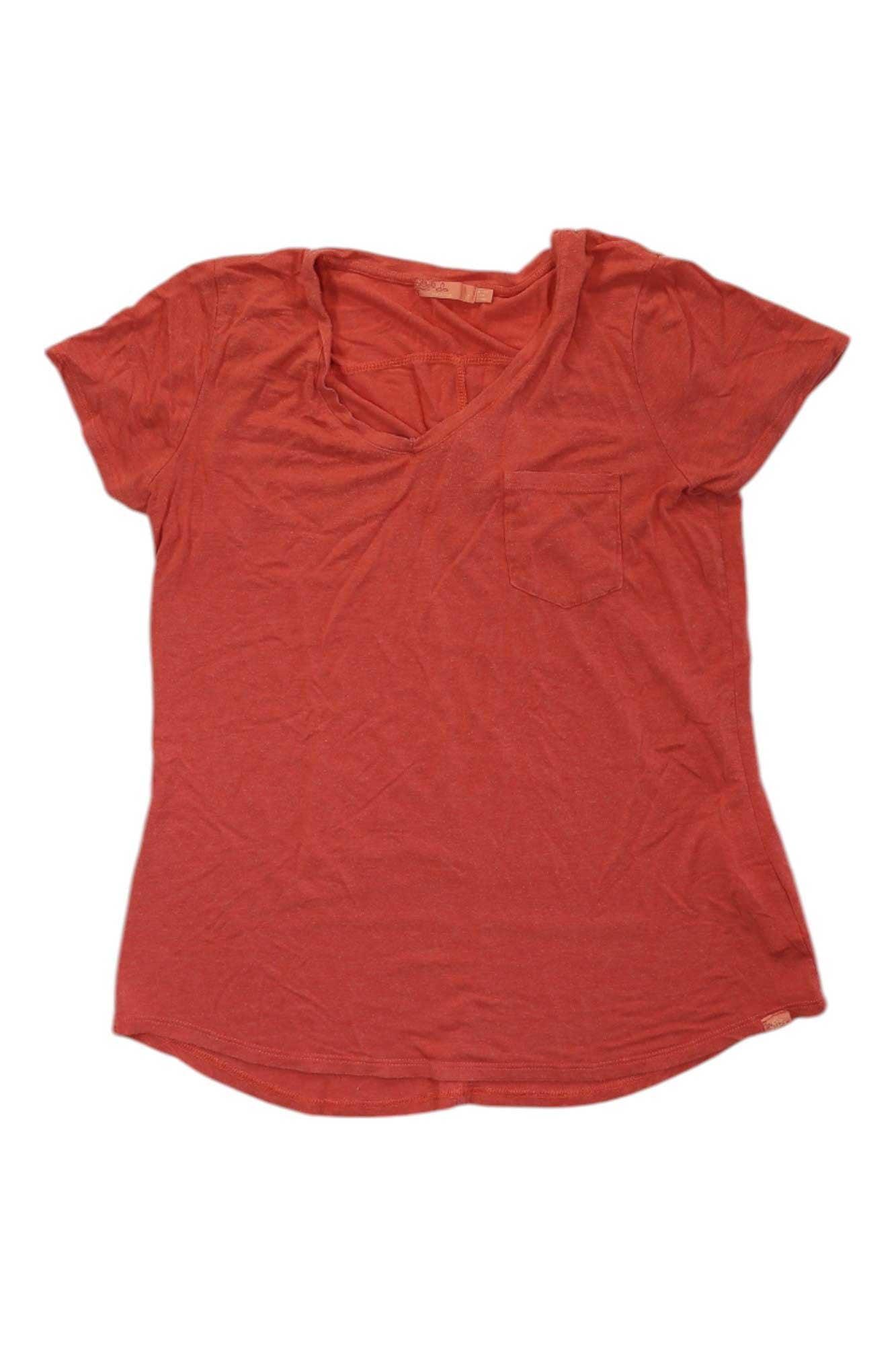 Prana women's red short-sleeve V-neck foundation top, soft knit with slight drape