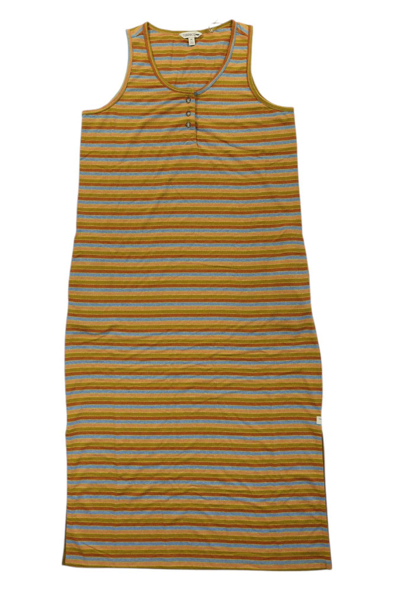 The Toad & Co Womens Piru Henley Midi Tank Dress is a sleeveless, ankle-length dress with horizontal mustard yellow, gray, and white stripes, a round neck with three chest buttons, and breathable fabric for outdoor comfort.