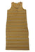 The Toad & Co Womens Piru Henley Midi Tank Dress is a sleeveless, ankle-length dress with horizontal mustard yellow, gray, and white stripes, a round neck with three chest buttons, and breathable fabric for outdoor comfort.