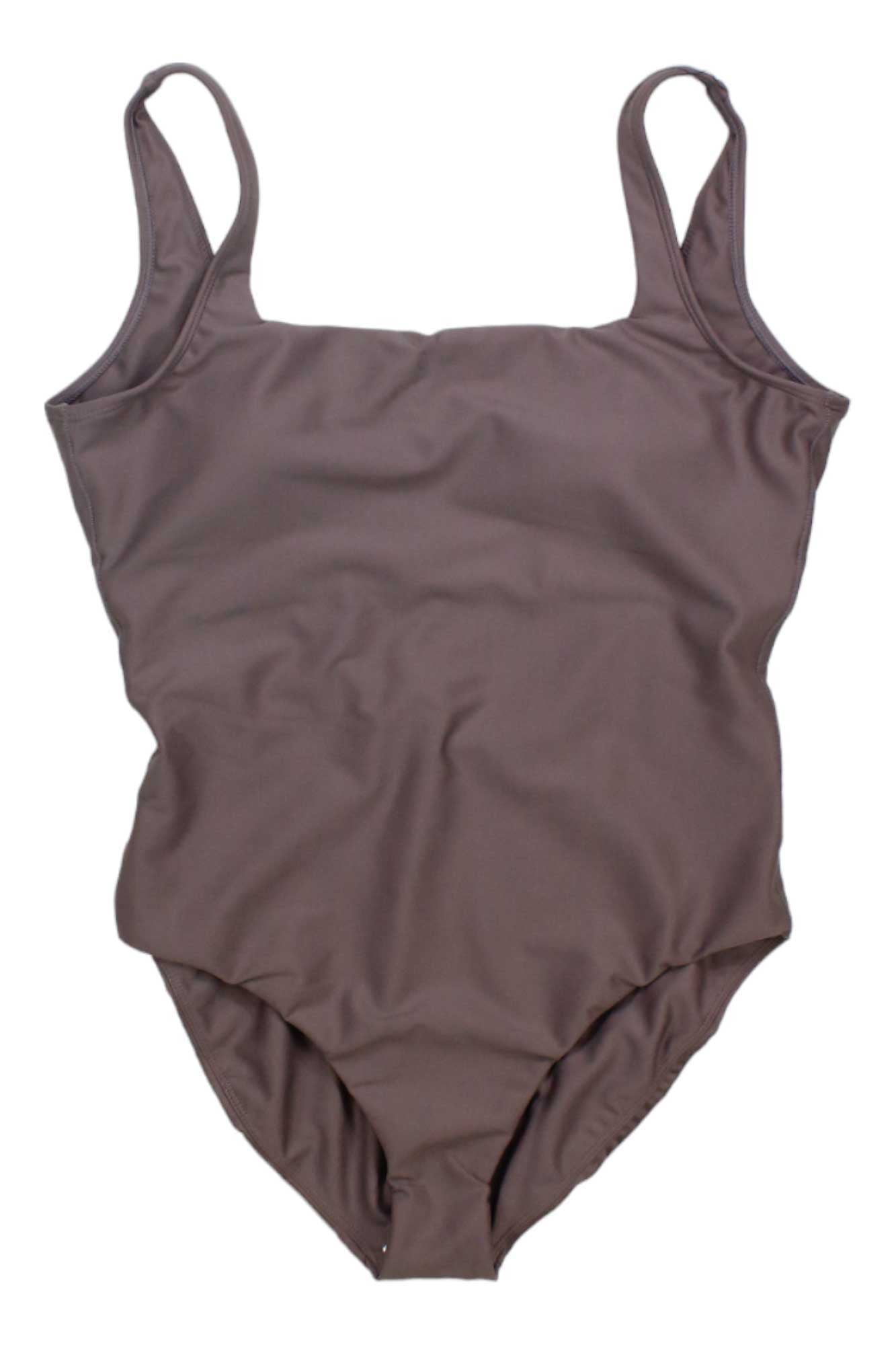 The Carve Designs Women's Skye Compression One Piece is a plain brown swimsuit with wide shoulder straps and a built-in shelf bra, shown laid flat on a white background.