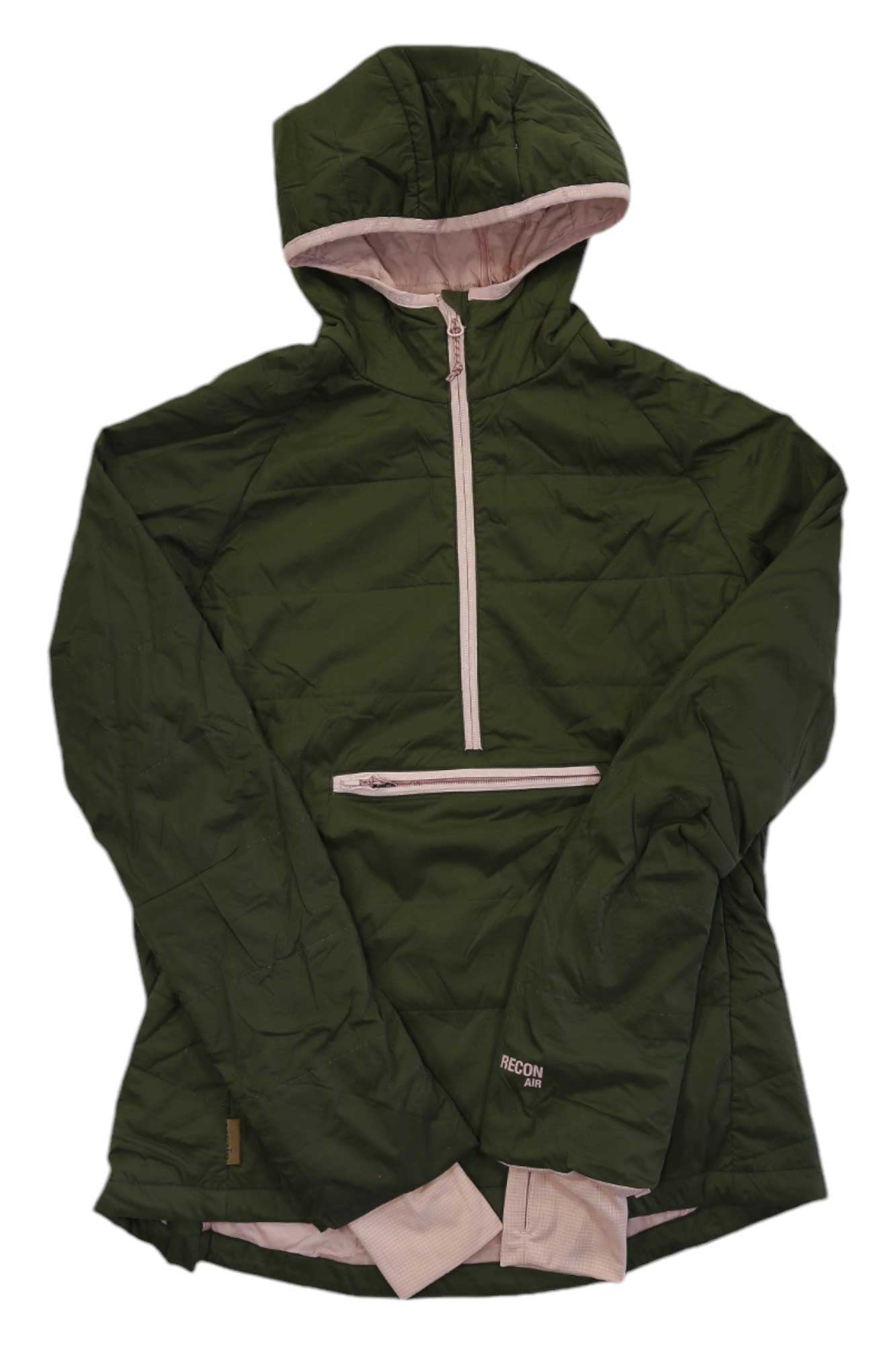 Dark army green hooded anorak jacket with front half-zip and zip chest pocket