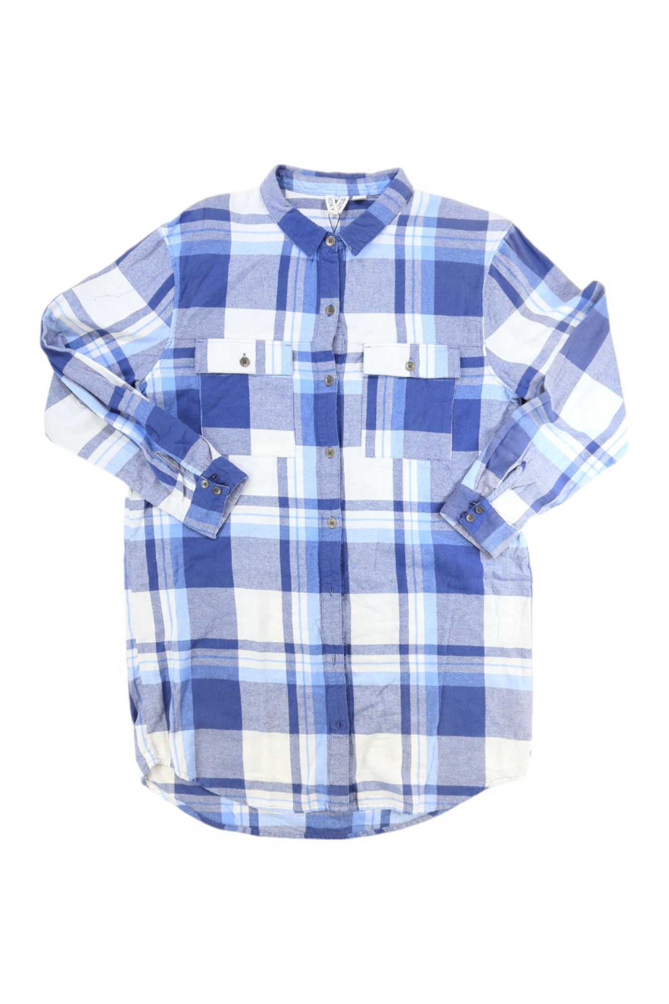 Blue and white plaid long-sleeve button-front dress with collar and patch pockets