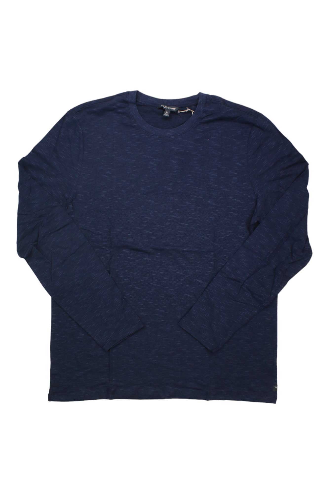 The Toad & Co Men's Tempo LS Crew Neck Top in dark navy blue is laid flat on a white background, made from organic cotton for comfort and breathability.