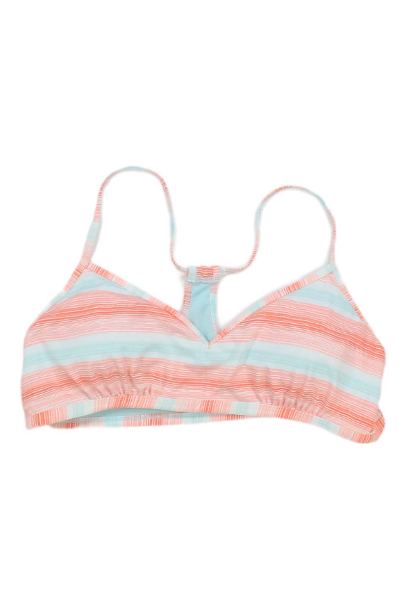 The Carve Designs Womens Stinson Top is a striped bralette with thin adjustable straps and soft pastel hues—coral, light blue, and white. It features a racerback style, elastic band, and high support—ideal for women’s swimwear collections.