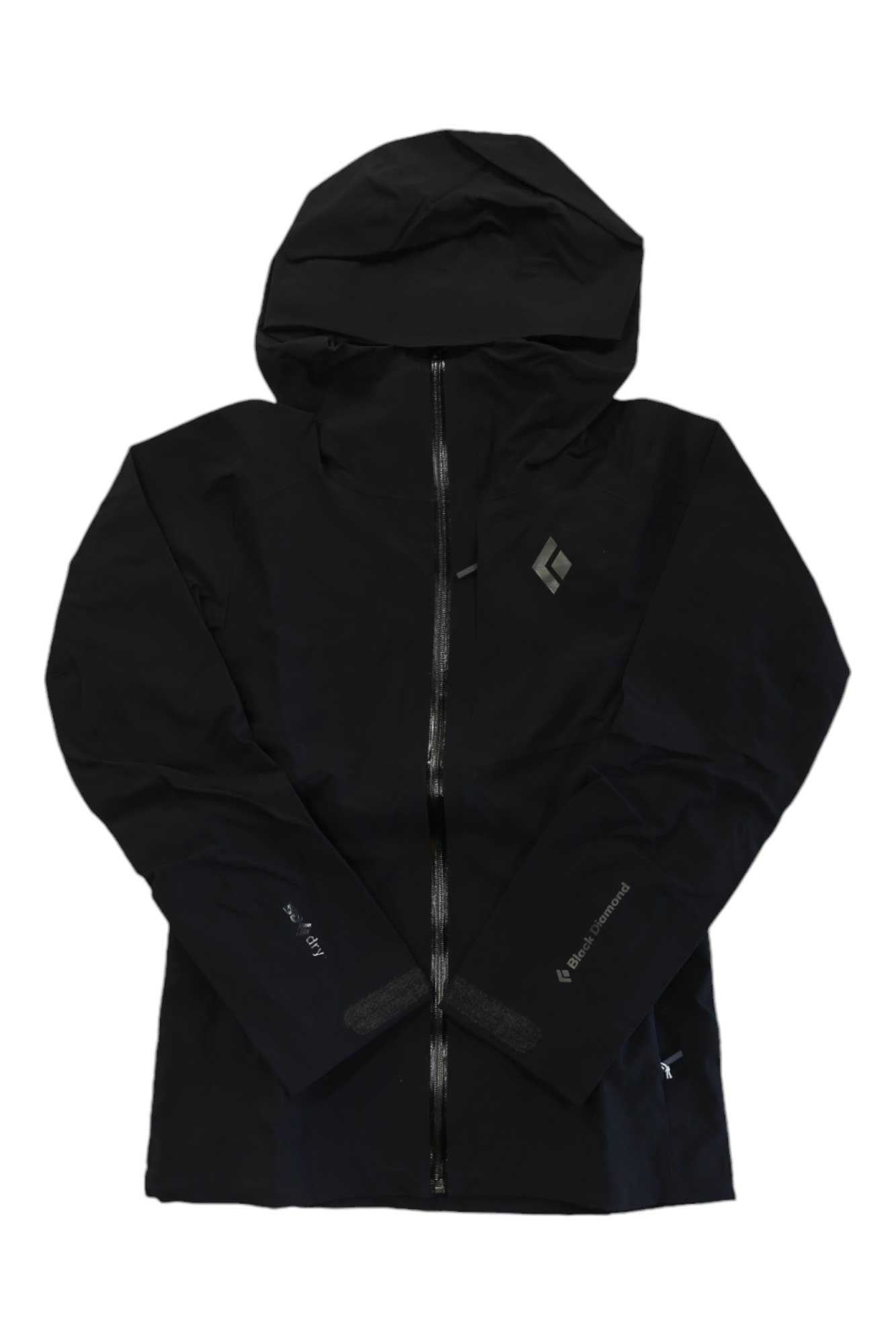 The Black Diamond Womens Recon Stretch Ski Shell Jacket is a black hooded jacket with a front zipper, small white logos on the chest and left sleeve, long sleeves, and a streamlined design—perfect for alpine adventures.