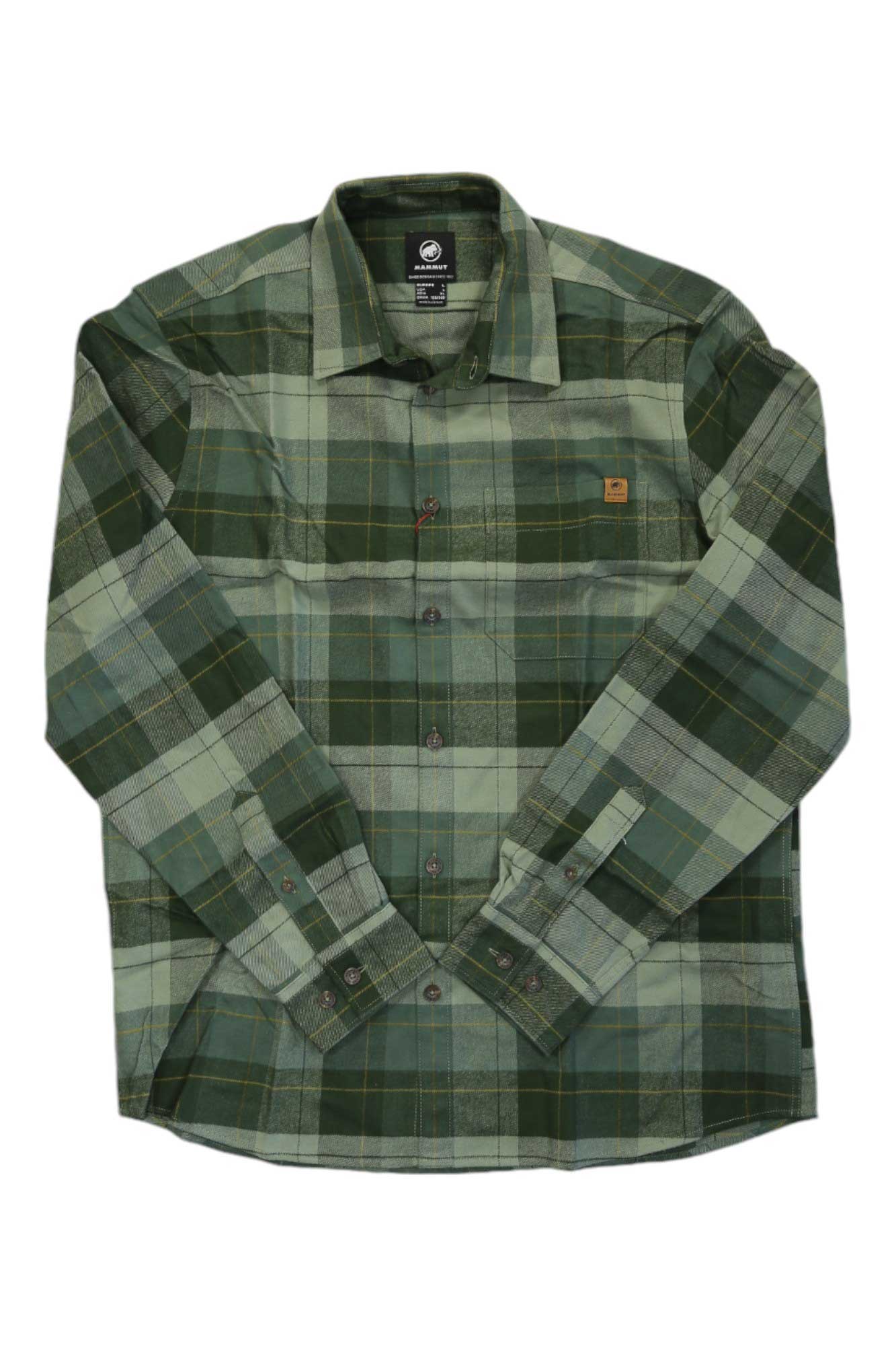 The Mammut Mens Trovat LS Shirt is a green plaid long-sleeve hiking shirt with a collar and chest pocket, shown laid flat on a white background. Its moisture-wicking fabric keeps you comfortable on the trail.
