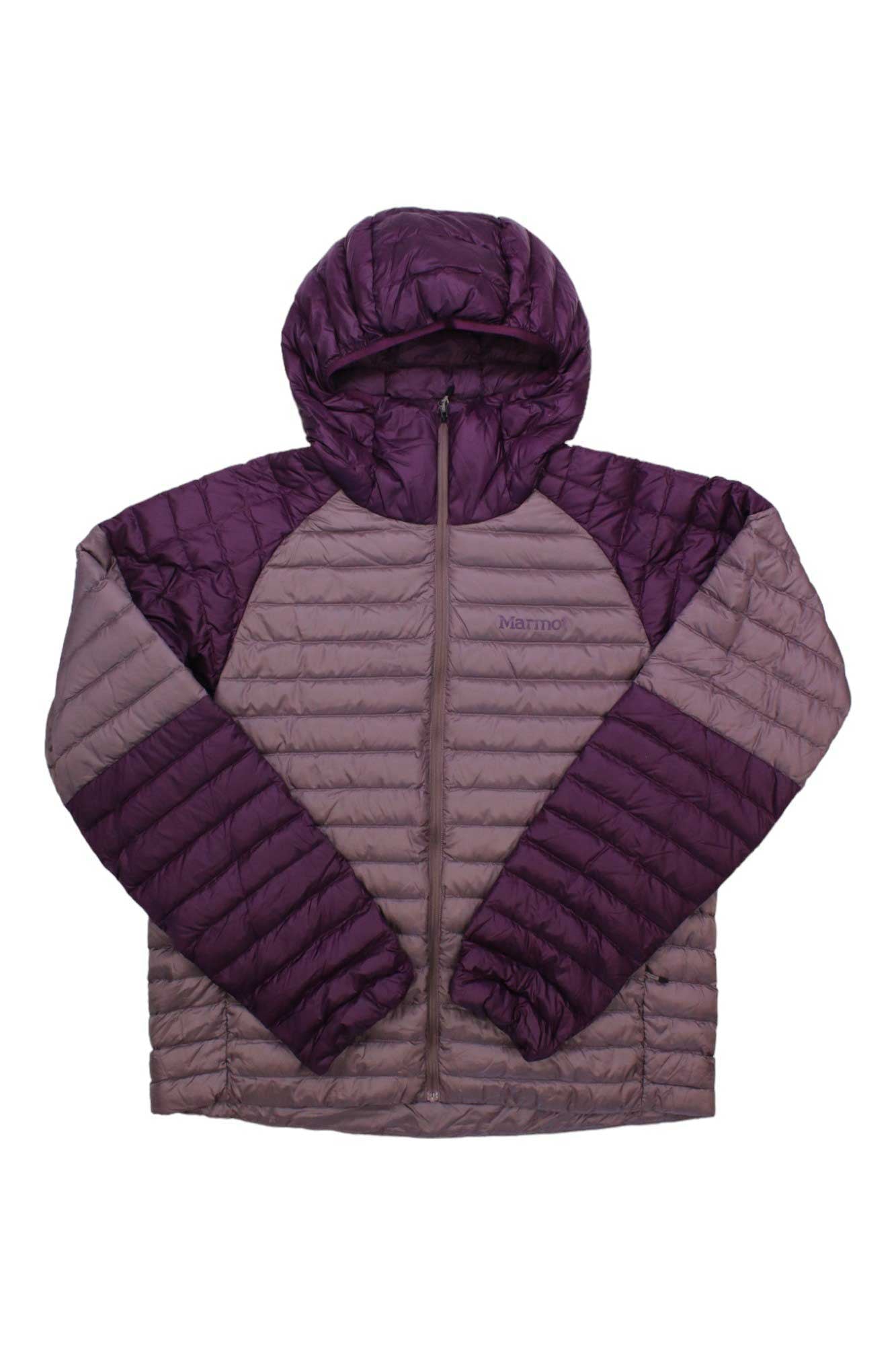 The Marmot Men's Hype Down Hoody, shown in purple and lavender with 800-fill down and a front zipper, is laid flat on a white background—ideal for hiking adventures.