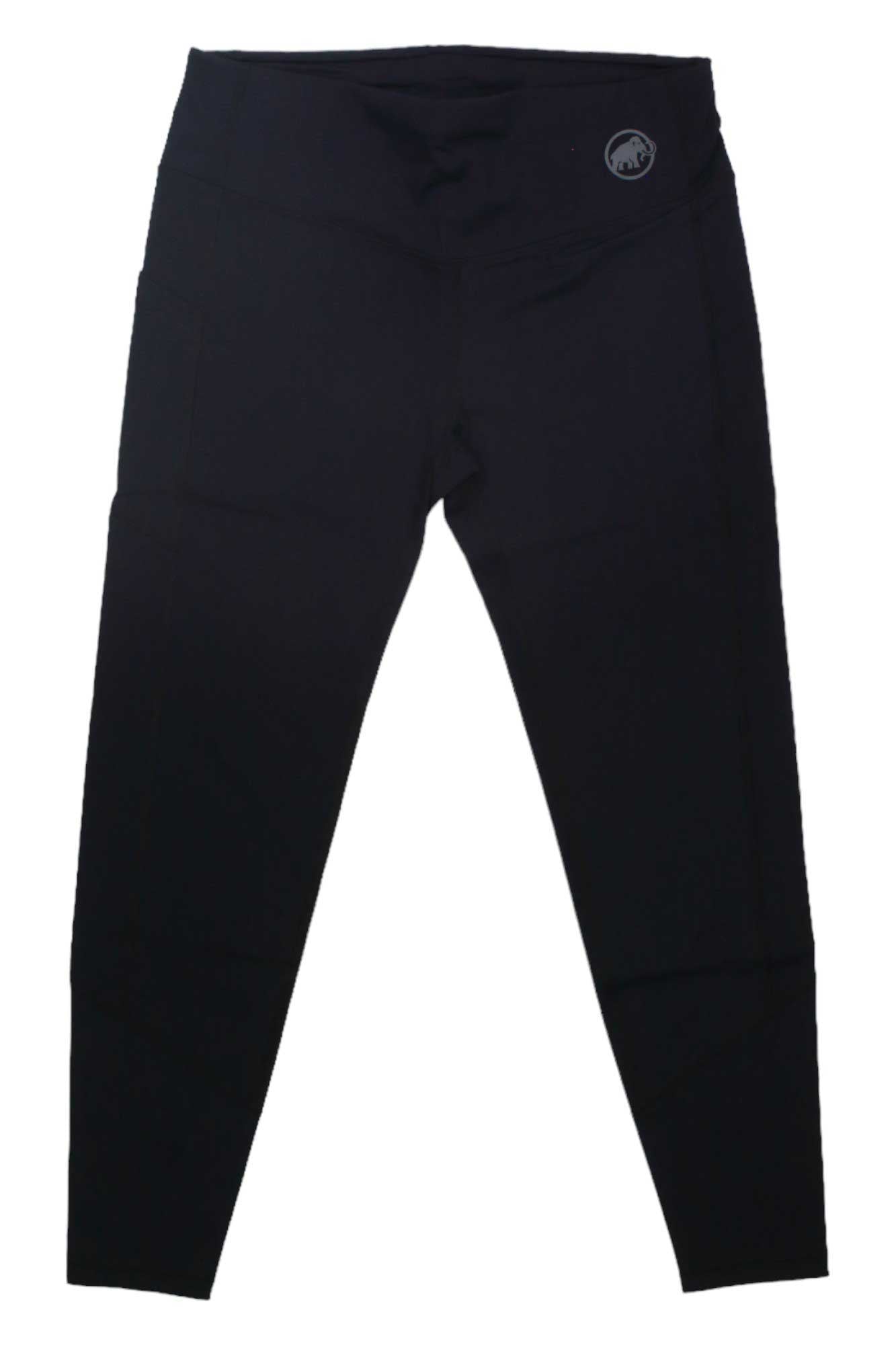 The Mammut Womens Massone Tight is a pair of black, full-length hiking tights for women with a high waistband and small circular logo near the left waist. These sleek, moisture-wicking leggings are ideal for active outdoor days.