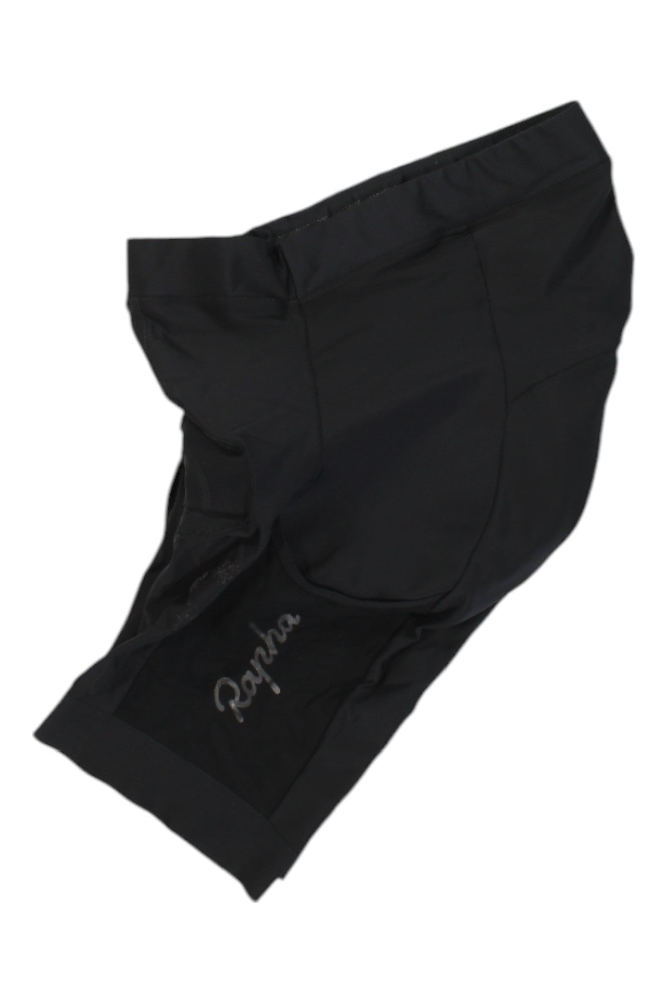 The Rapha Core Cargo Shorts are black performance cycling shorts featuring the word "Rapha" in cursive on one leg, shown against a plain white background.