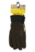 A pair of new brown Hestra CZone Contact Gloves with black cuffs are displayed upright, attached to yellow outdoor-themed retail packaging labeled Outdoor and Glove Contact. The waterproof gloves are ready for use.