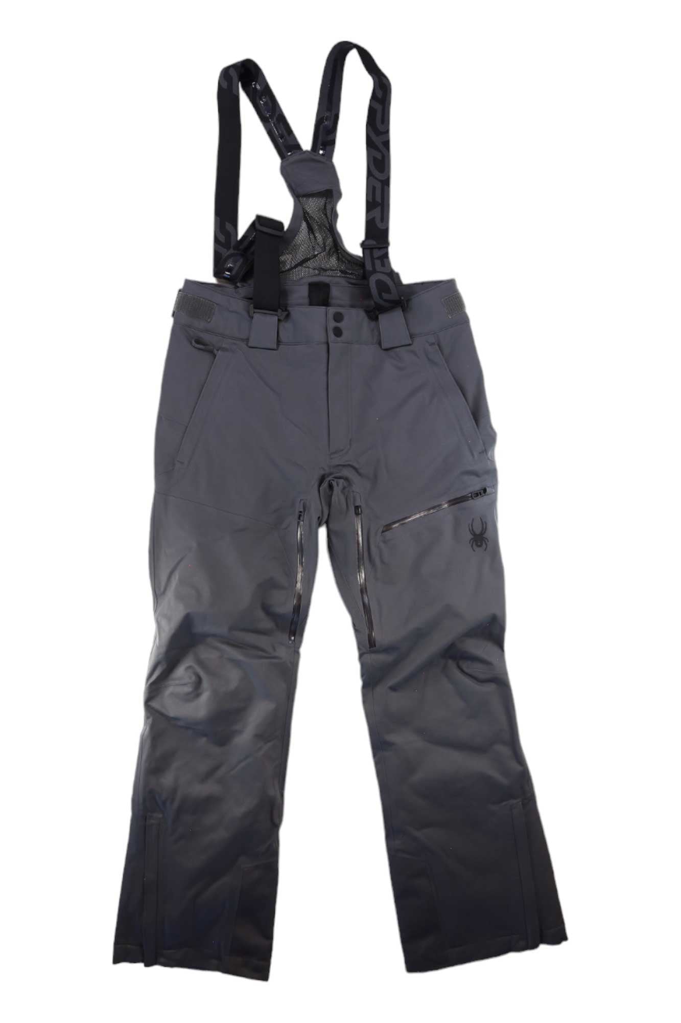 Spyder Men's Dare Pant—gray ski or snow pants with black suspenders, front zipper, side zip pockets, Spyder logo on left thigh, waterproof design, and Primaloft insulation. Shown laid flat on a white background.