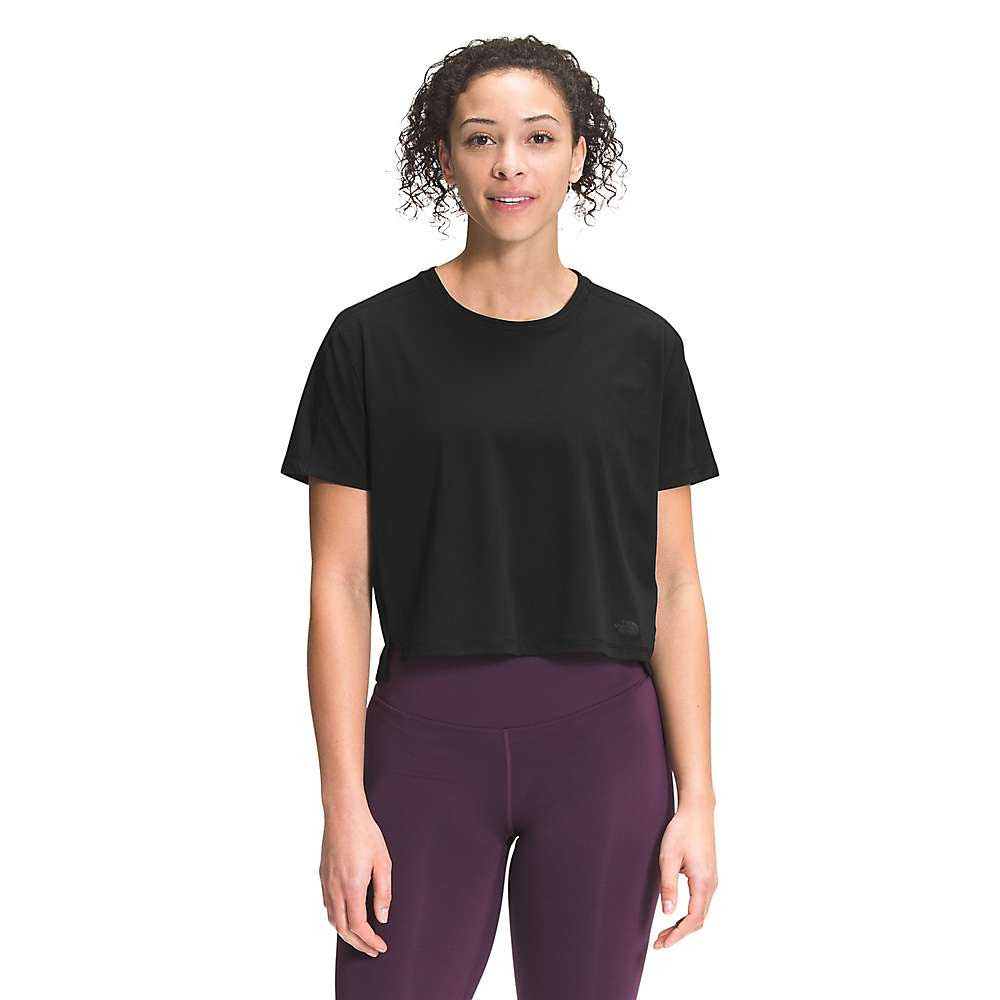Women’s relaxed short-sleeve crewneck T-shirt, black, paired with plum leggings