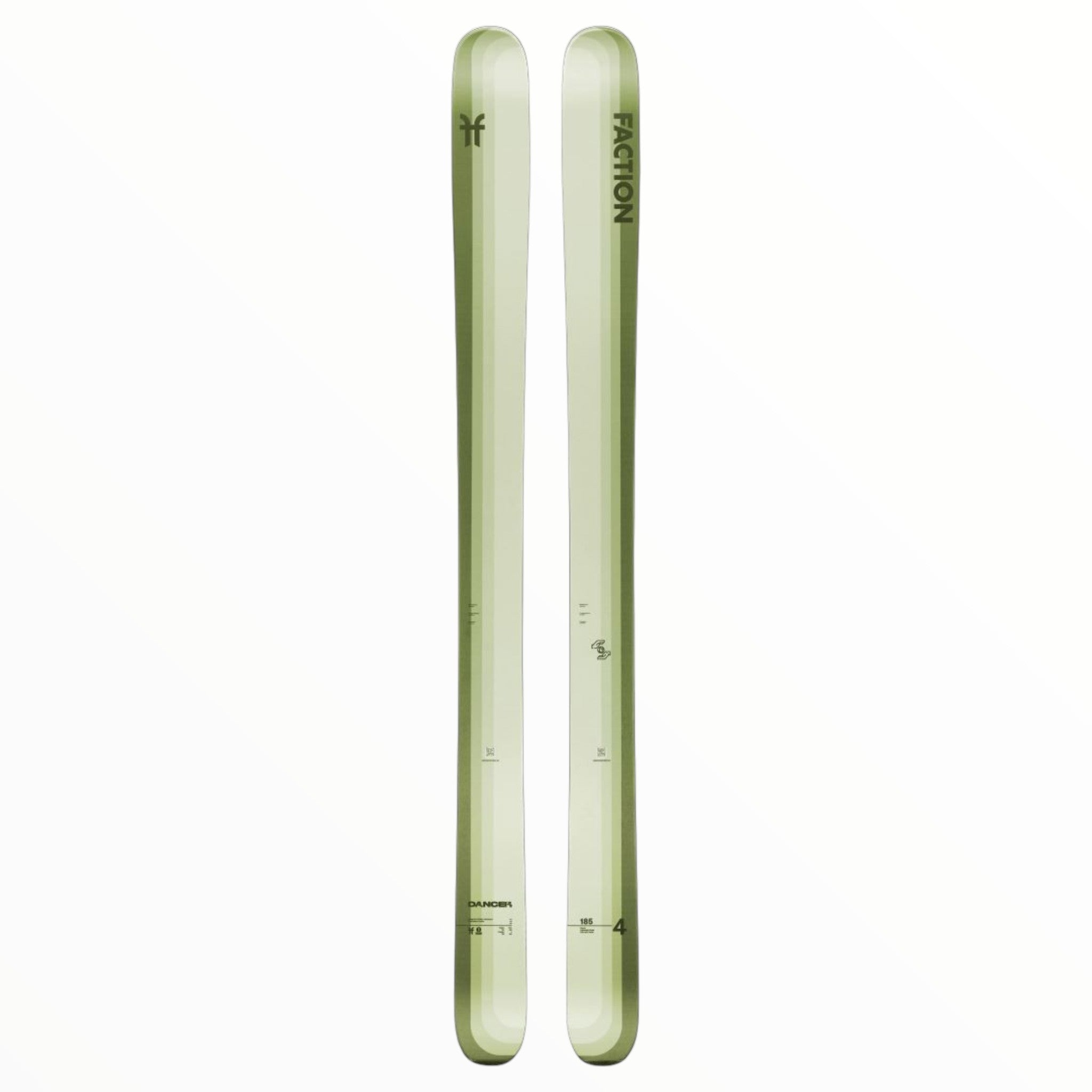 The 2024 Faction Dancer 4 Skis feature a light green, minimalistic design with brand logo and text near the tips, displayed side by side on white—a responsive fat ski built for maximum float.