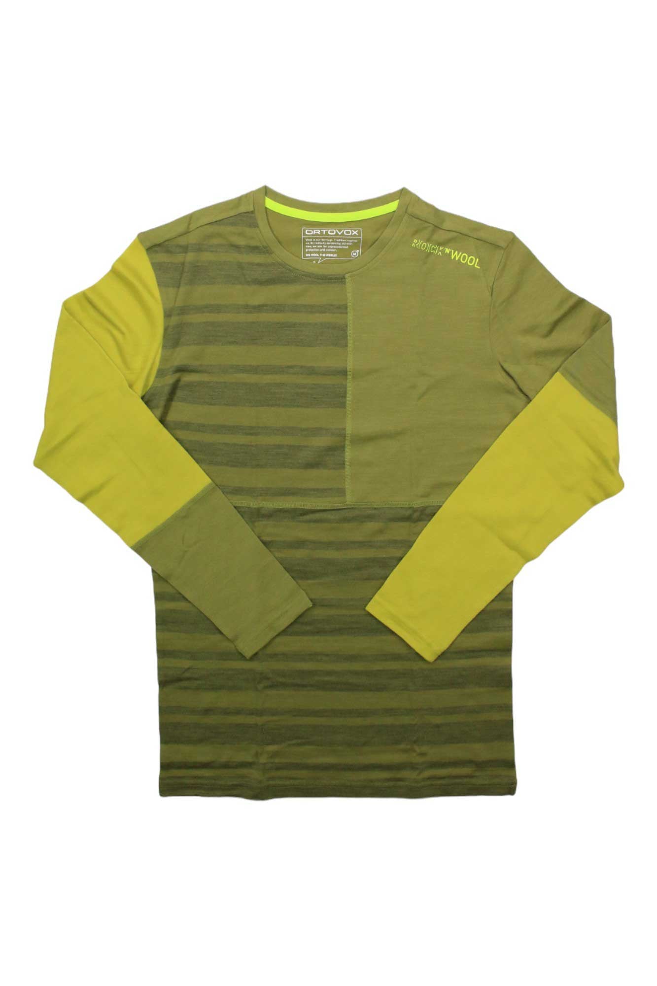The Ortovox Mens 185 RockNWool LS Top features alternating green and olive stripes with solid green sleeves and a small left chest logo—perfect as a merino wool base layer for winter tours.