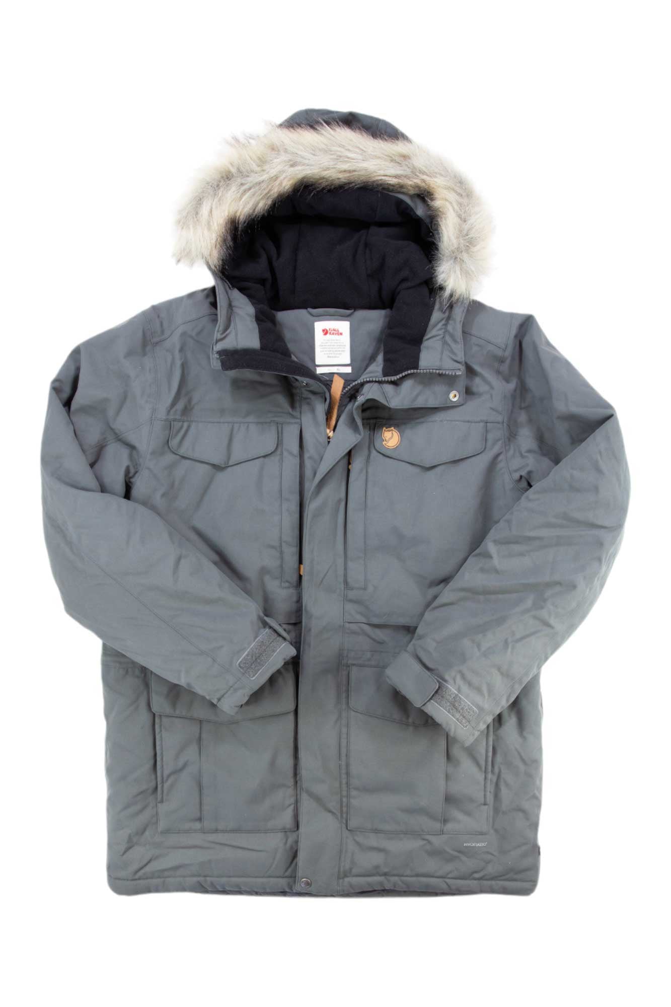 Men's Fjallraven Nuuk Parka in gray with faux-fur hood and front zip