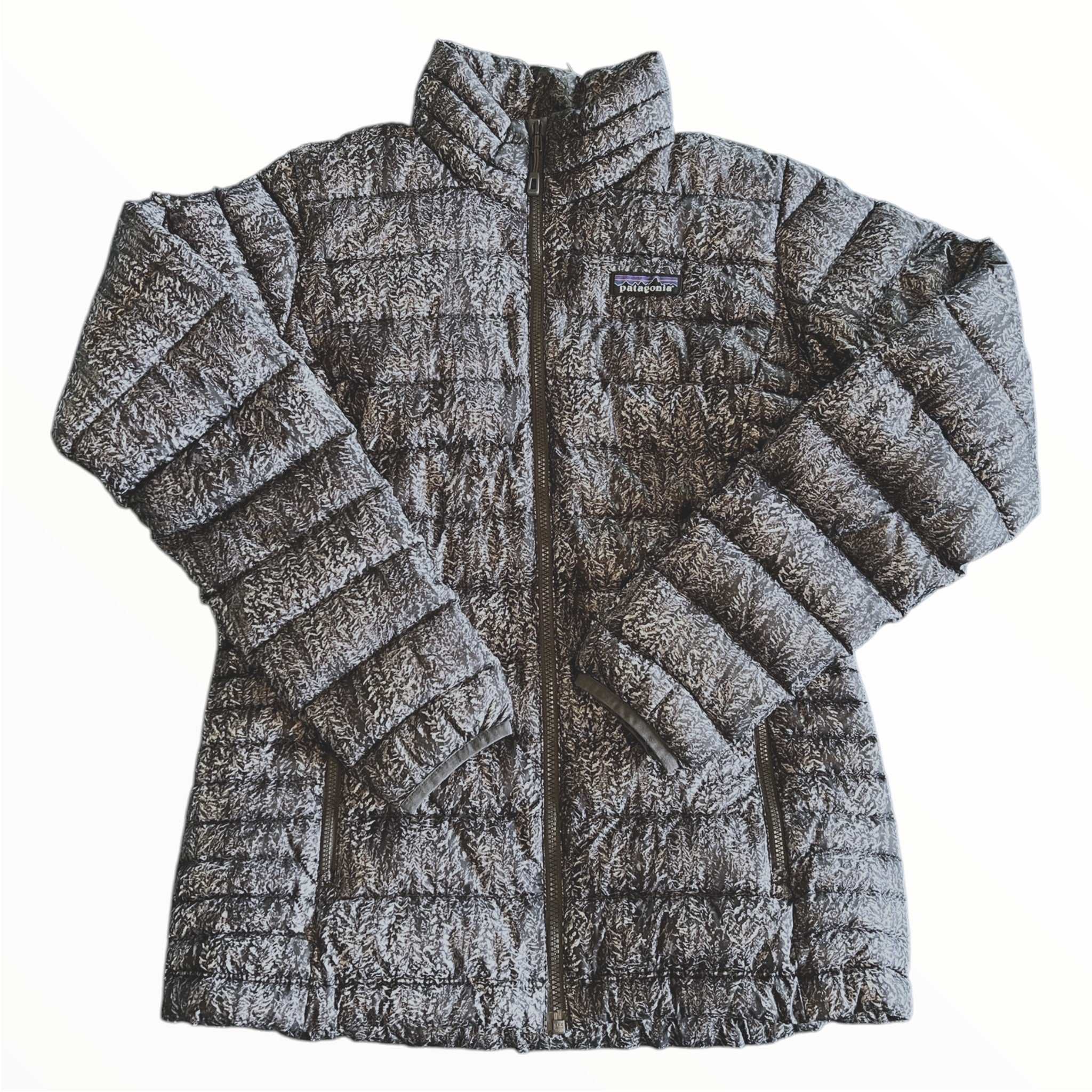 The Women's Down Sweater Jacket is a gray, quilted, zip-up jacket with long sleeves and a high collar, made from recycled polyester and insulated with 800-fill-power down. Shown laid flat on a white background.
