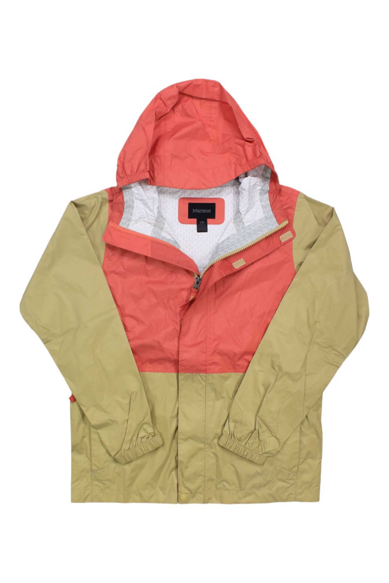The Kids PreCip Rain Jacket is a color-blocked waterproof jacket for kids, with a tan lower half and sleeves, coral upper half and hood, front zipper, elastic cuffs, and a visible black label on the inside collar.