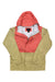 The Kids PreCip Rain Jacket is a color-blocked waterproof jacket for kids, with a tan lower half and sleeves, coral upper half and hood, front zipper, elastic cuffs, and a visible black label on the inside collar.