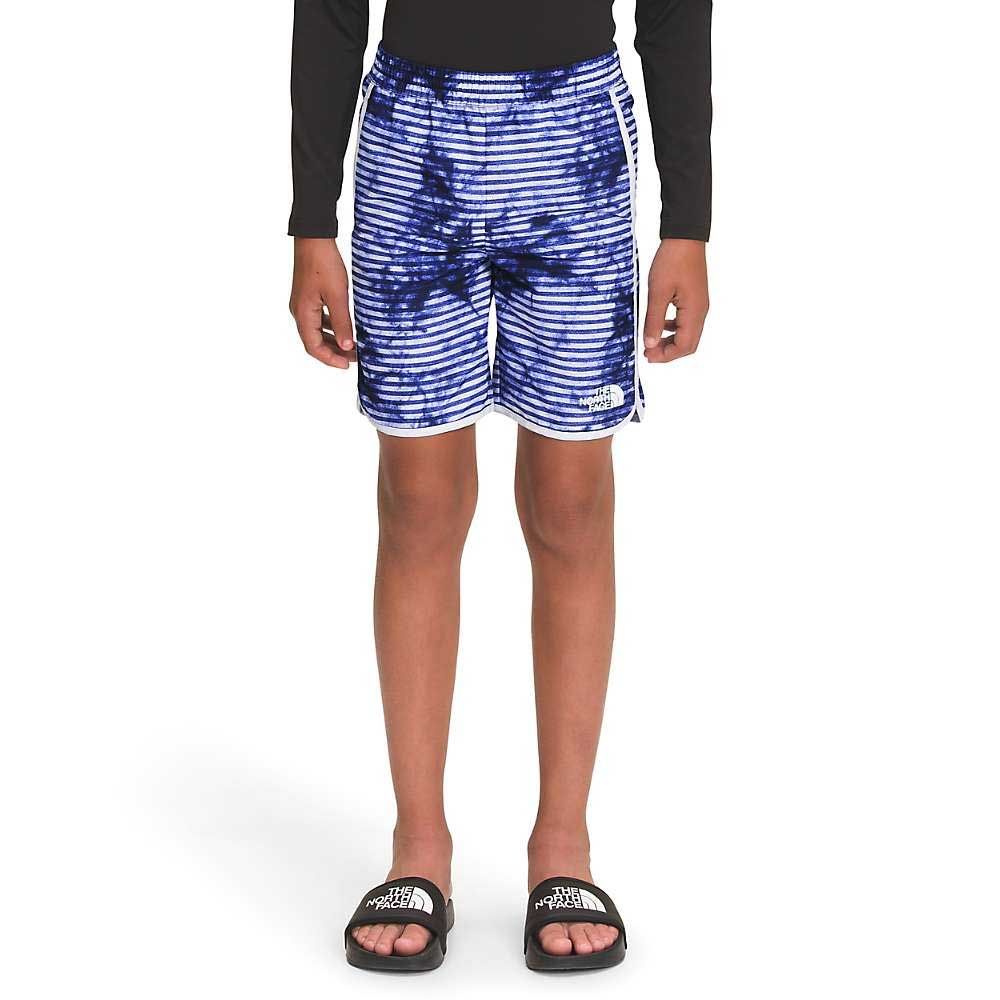 Boys water shorts with blue and white watercolor print, elastic waistband