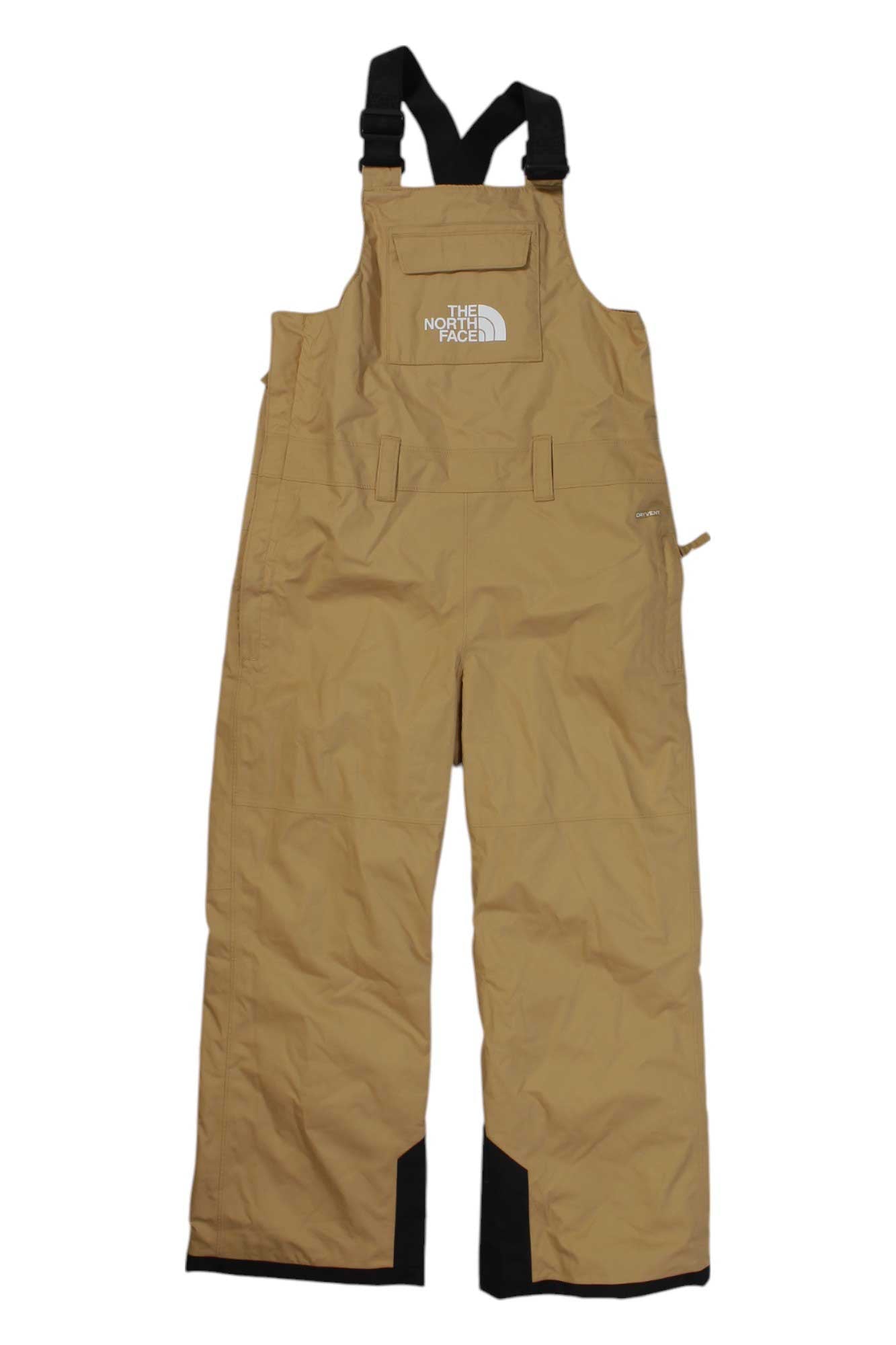 Kids insulated tan bib snow pants with adjustable straps and reinforced knee panels