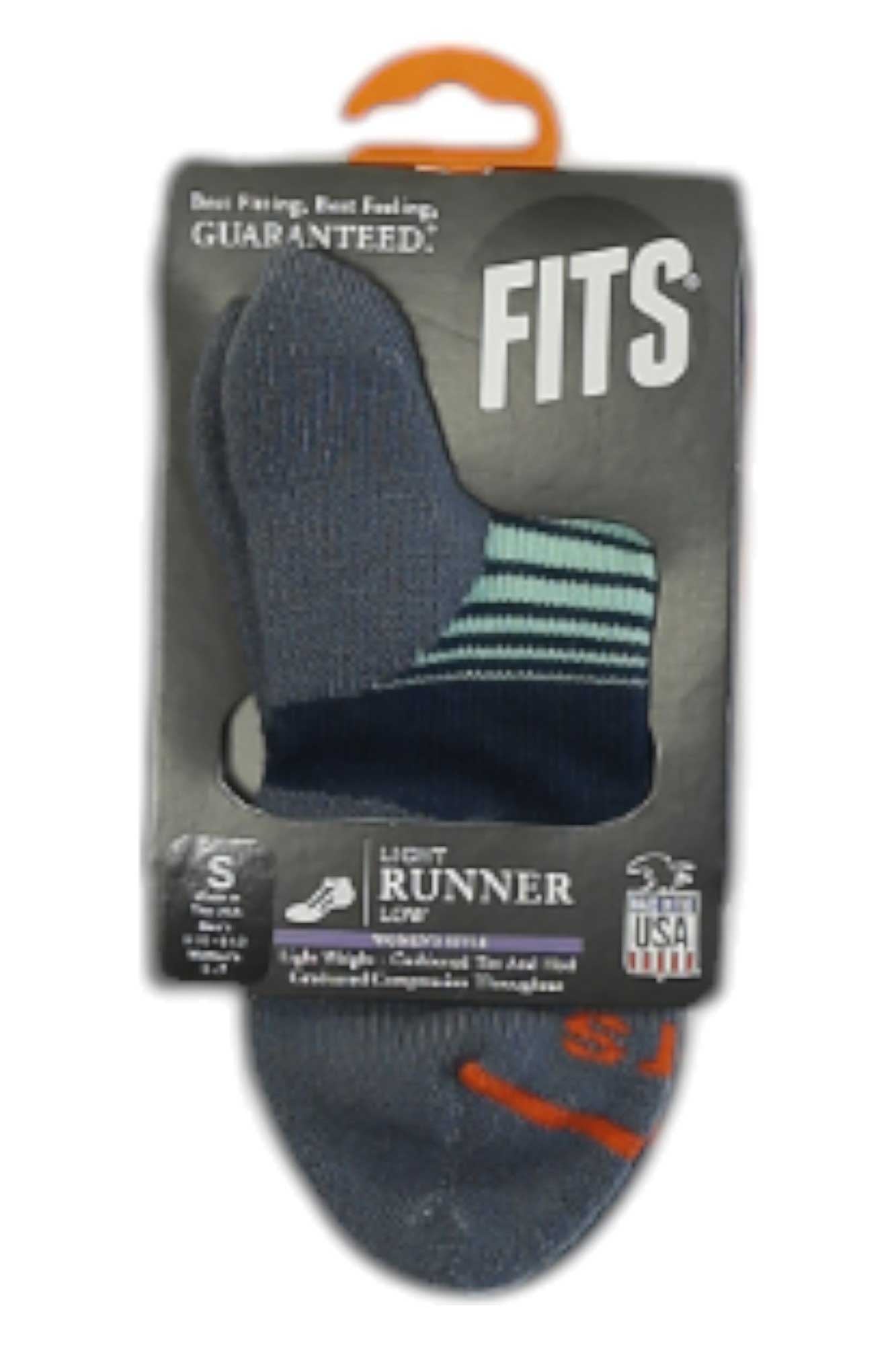 Dark blue low-cut tri-stripe running sock with blue and white stripes at ankle