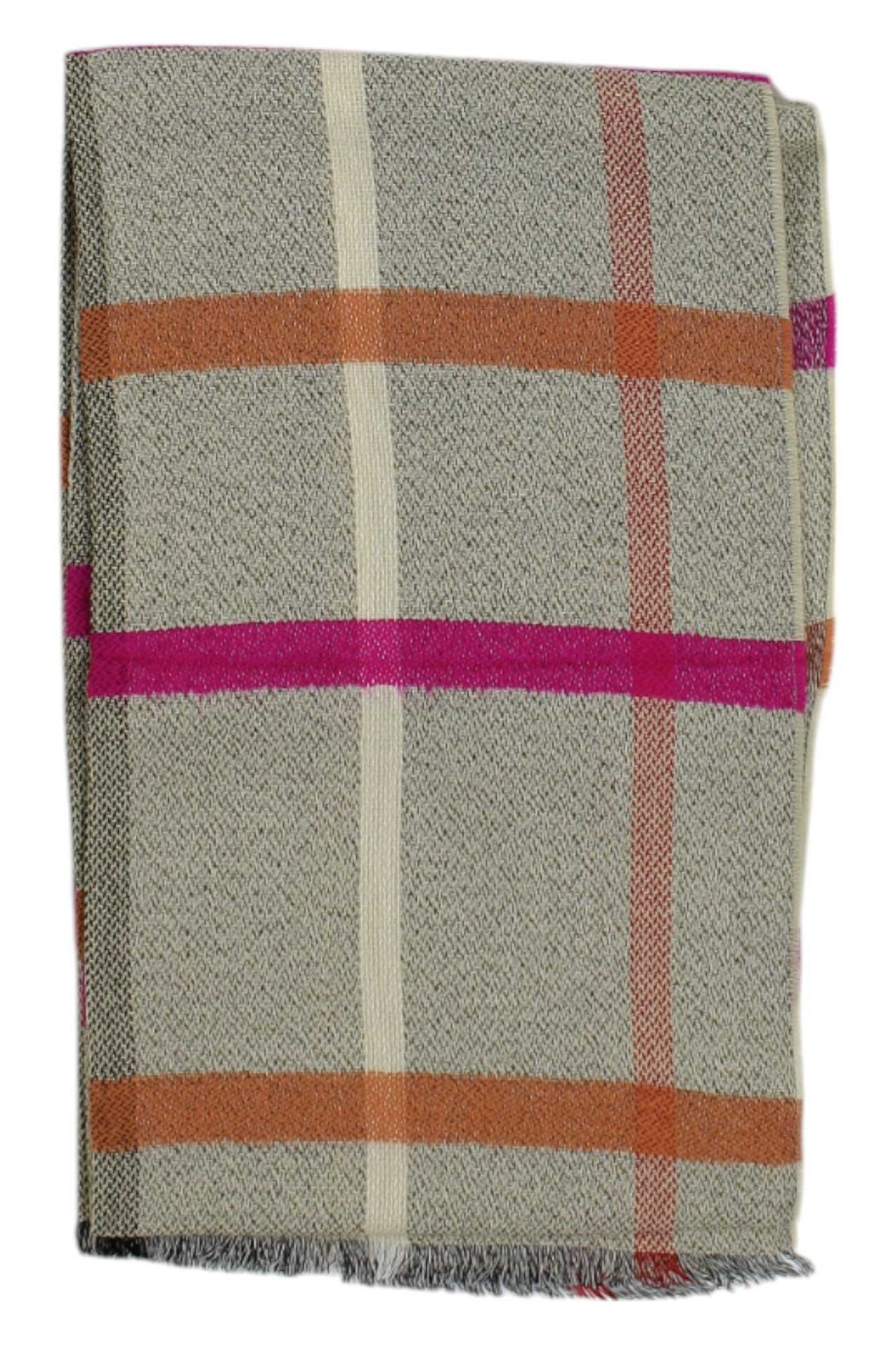The Pistil Women's Crave Scarf is a folded gray woven blanket with a plaid pattern in orange, cream, and pink stripes, plus fringe along the bottom—perfect as a versatile outdoor scarf or multifunctional adventure accessory.