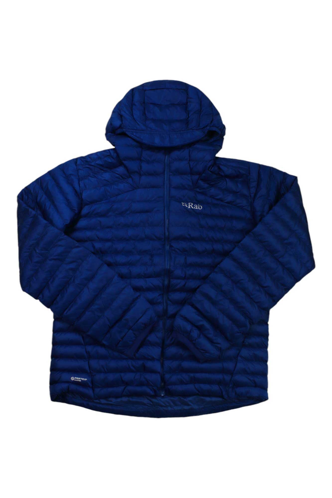 The Rab Men's Cirrus Alpine Jacket is a blue hooded puffer with synthetic insulation, horizontal baffles, a full front zip, and the Rab logo on the left chest—ideal for mountaineering.