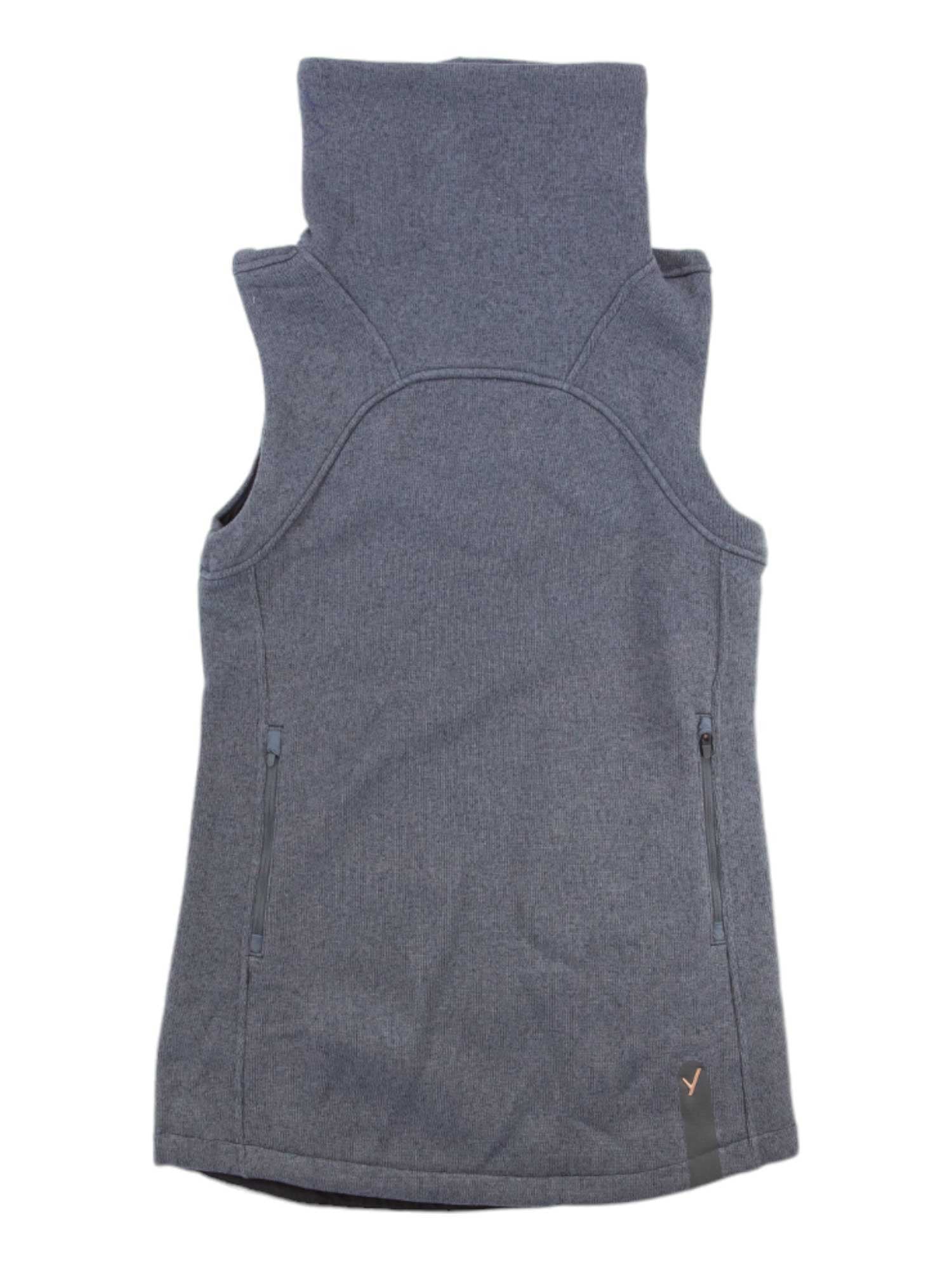 Denim-gray sleeveless tunic with high neck and curved arched front panel