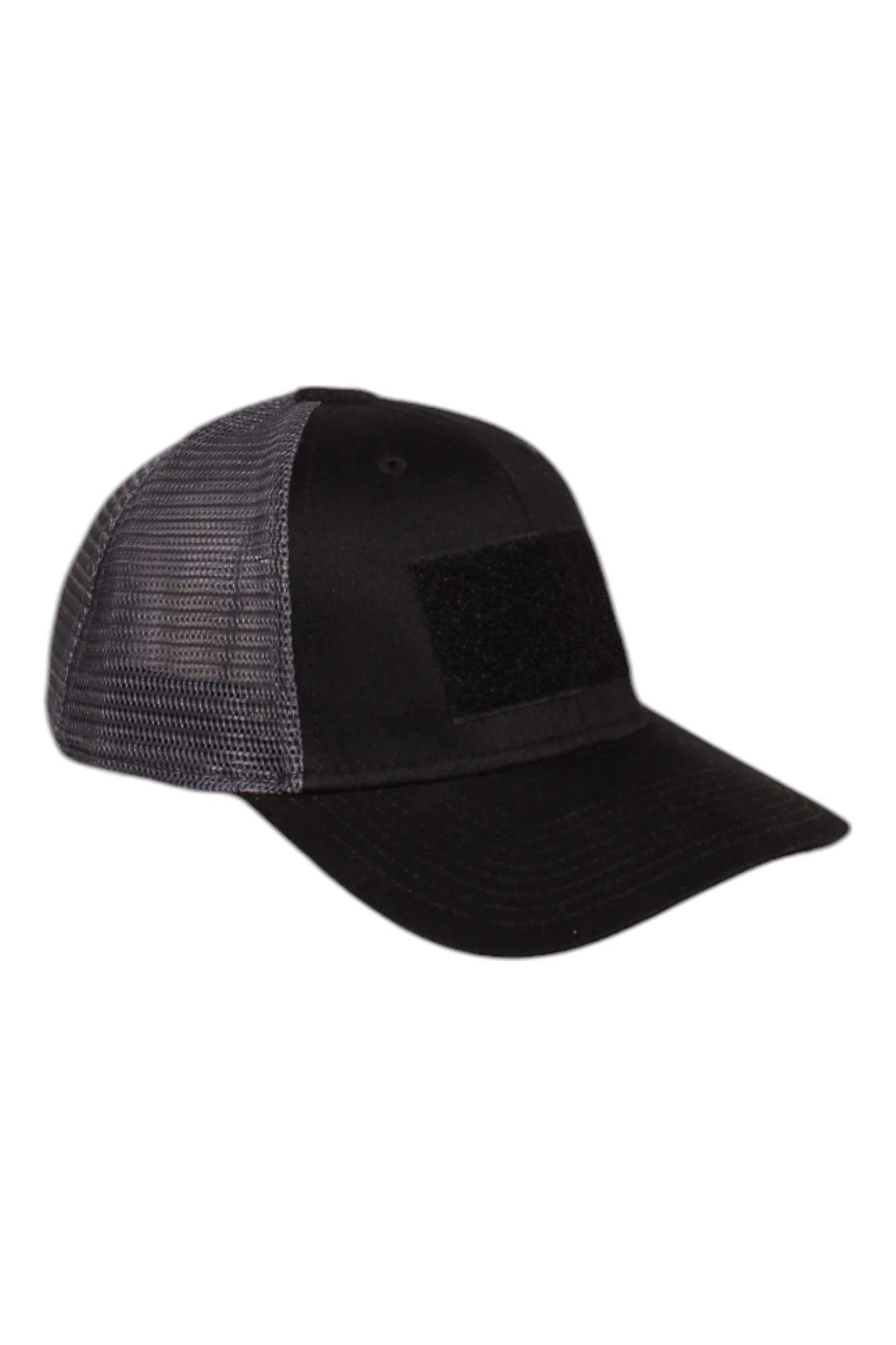 Mens flag bearer trucker cap in dark black with textured mesh sides and front panel