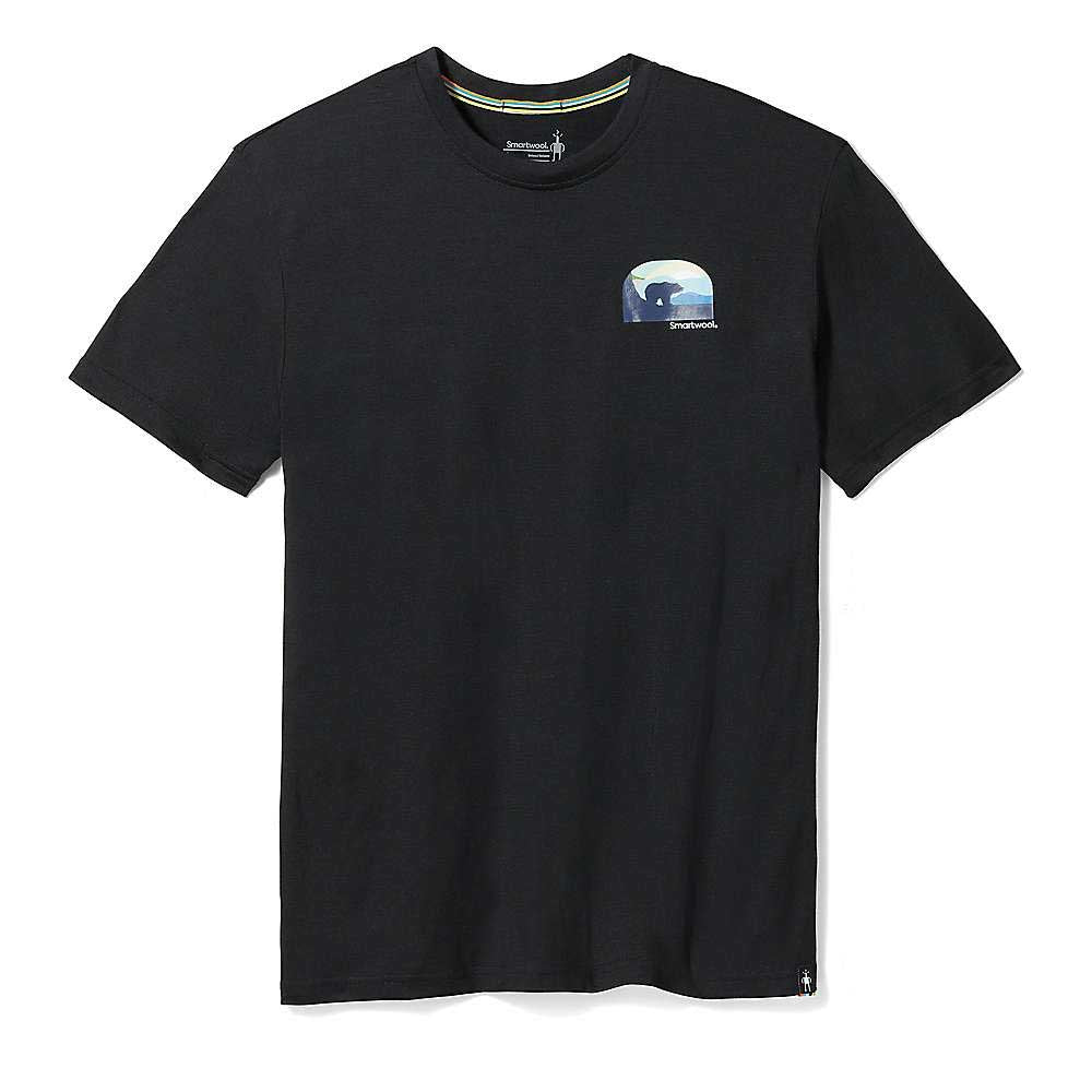 The Smartwool Bear Country Graphic SS Tee is a black short-sleeve shirt with a small bear graphic on the chest, made from moisture-wicking fabric—ideal for hiking or everyday wear.