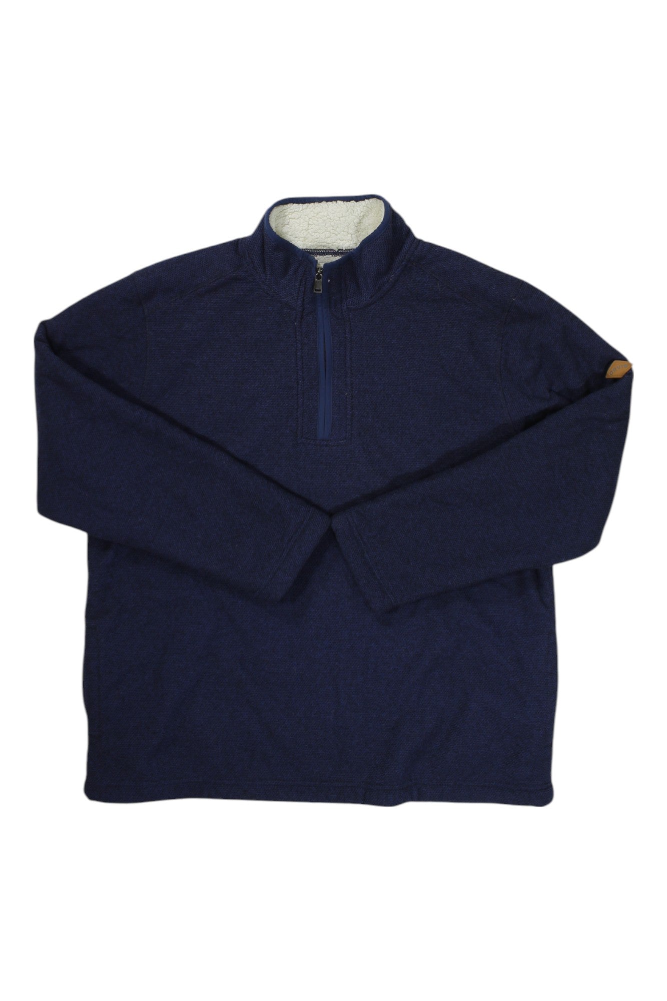 The Orvis Men's Fleece Lined Quarter Zip Sweater is navy blue with long sleeves, a stand collar, and soft white sherpa lining inside the collar for added warmth.
