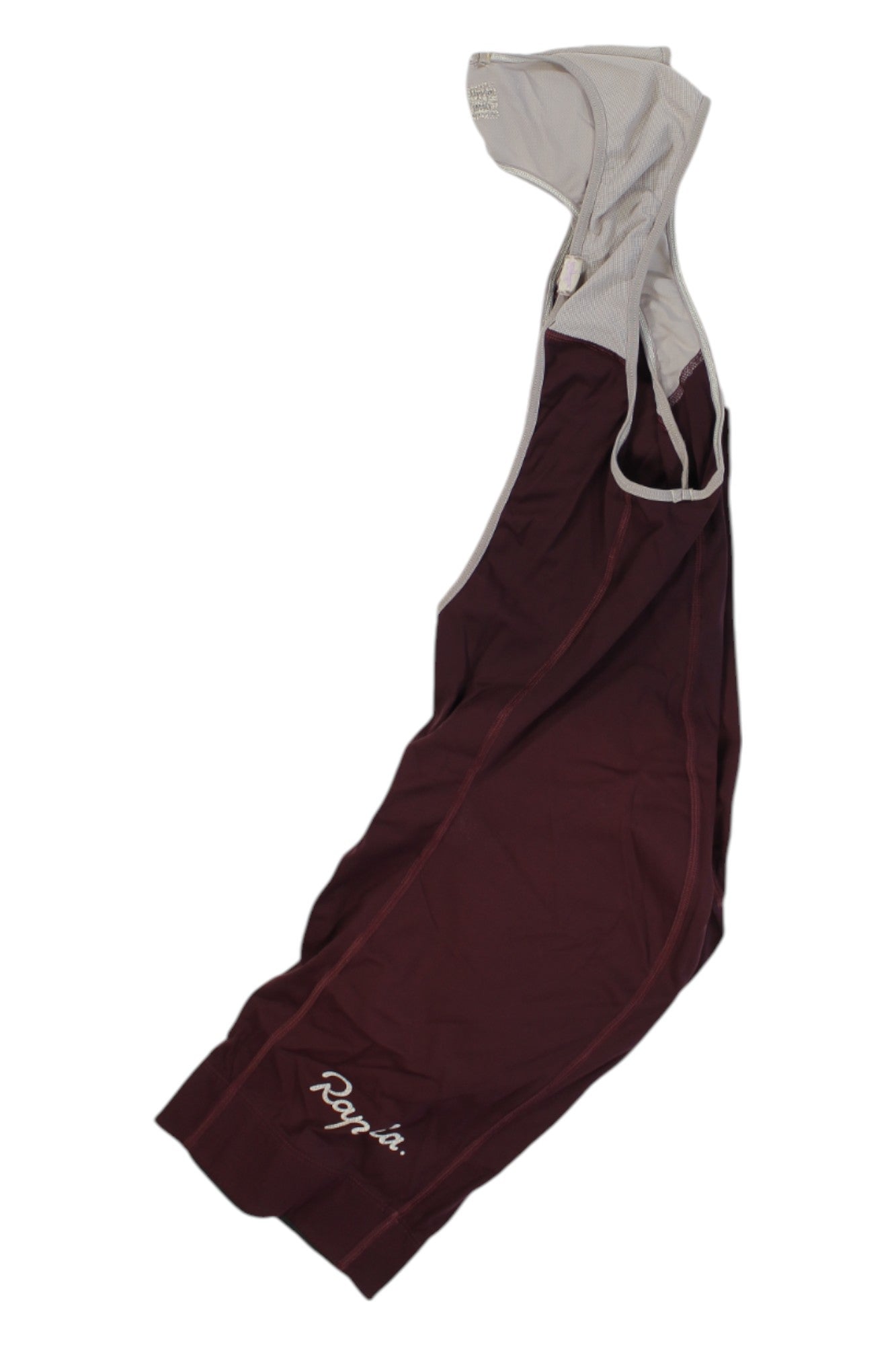 Rapha Classic Bib Shorts II made from recycled fibers, featuring maroon fabric, gray straps, and “Rapha” in white script on the left leg, shown against a plain white background.