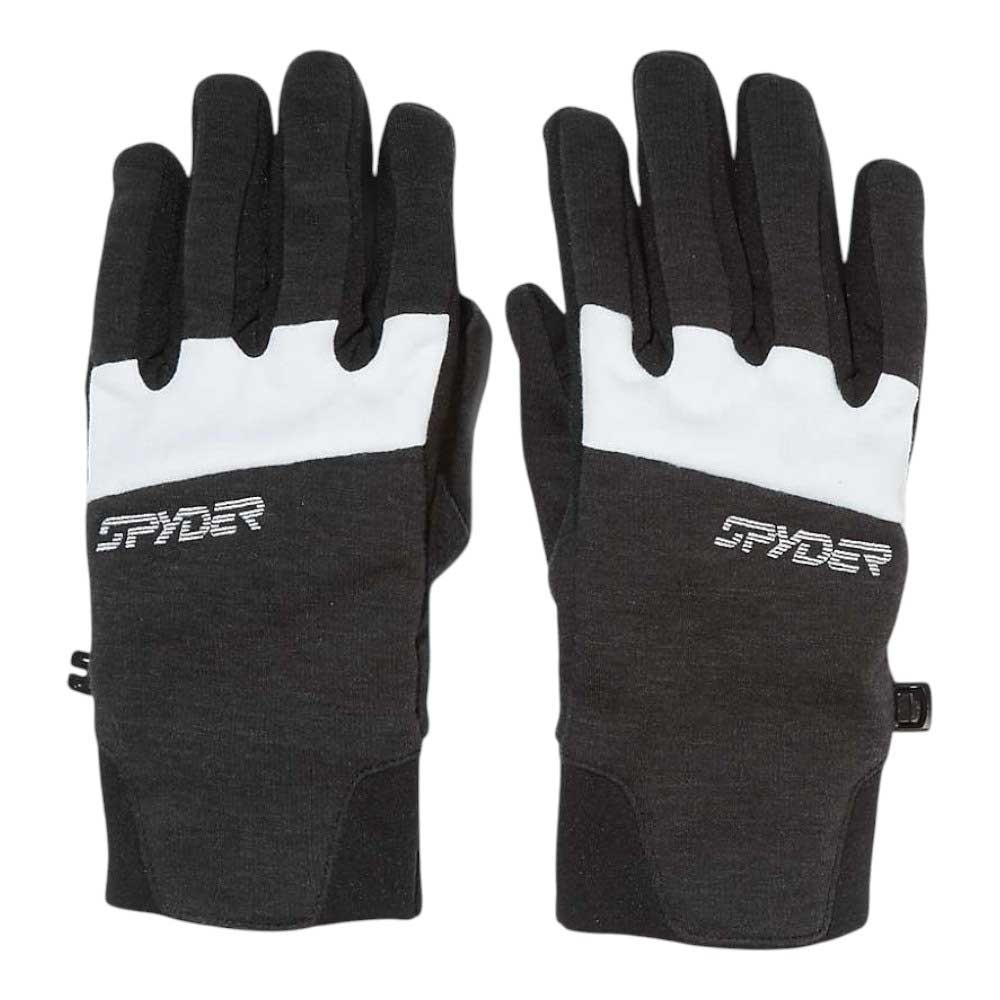The Spyder Womens Speed Fleece Glove features a black design with white accents and the Spyder logo embroidered in white on the back. The gloves are shown laid flat, palms down.