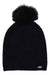 The Pistil Womens Lauren Beanie is a black, knitted winter hat for women made from recycled polyester, featuring a large faux fur pom and a small metallic brand tag near the bottom edge.