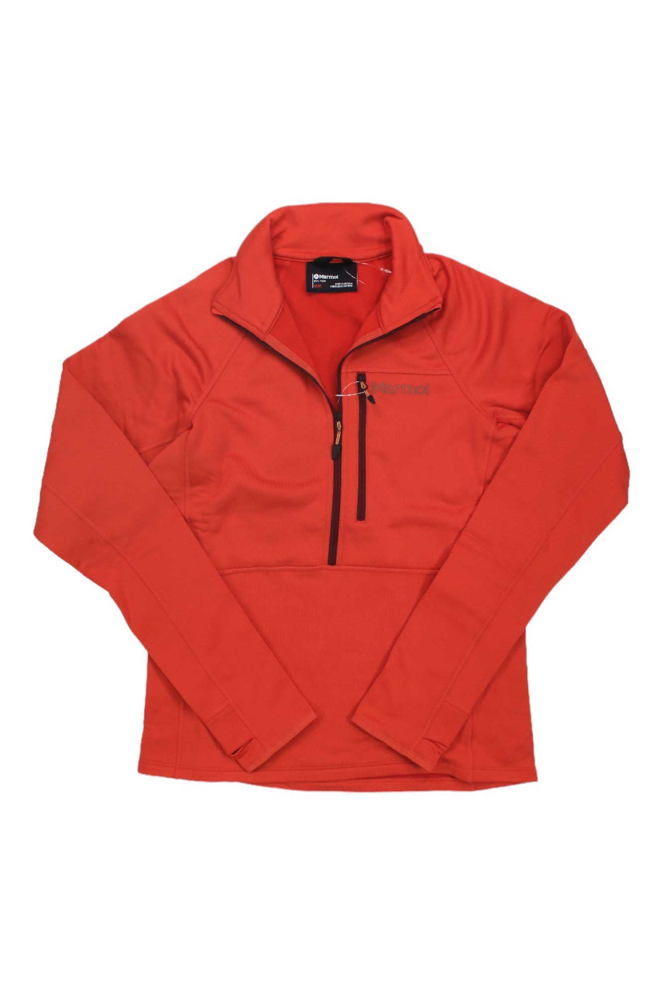The Womens Olden Polartec 1/2-Zip is a bright red top with a high collar, zippered chest pocket, and Marmot embroidery. Made from moisture-wicking Polartec Power Stretch. Shown laid flat on a white background.